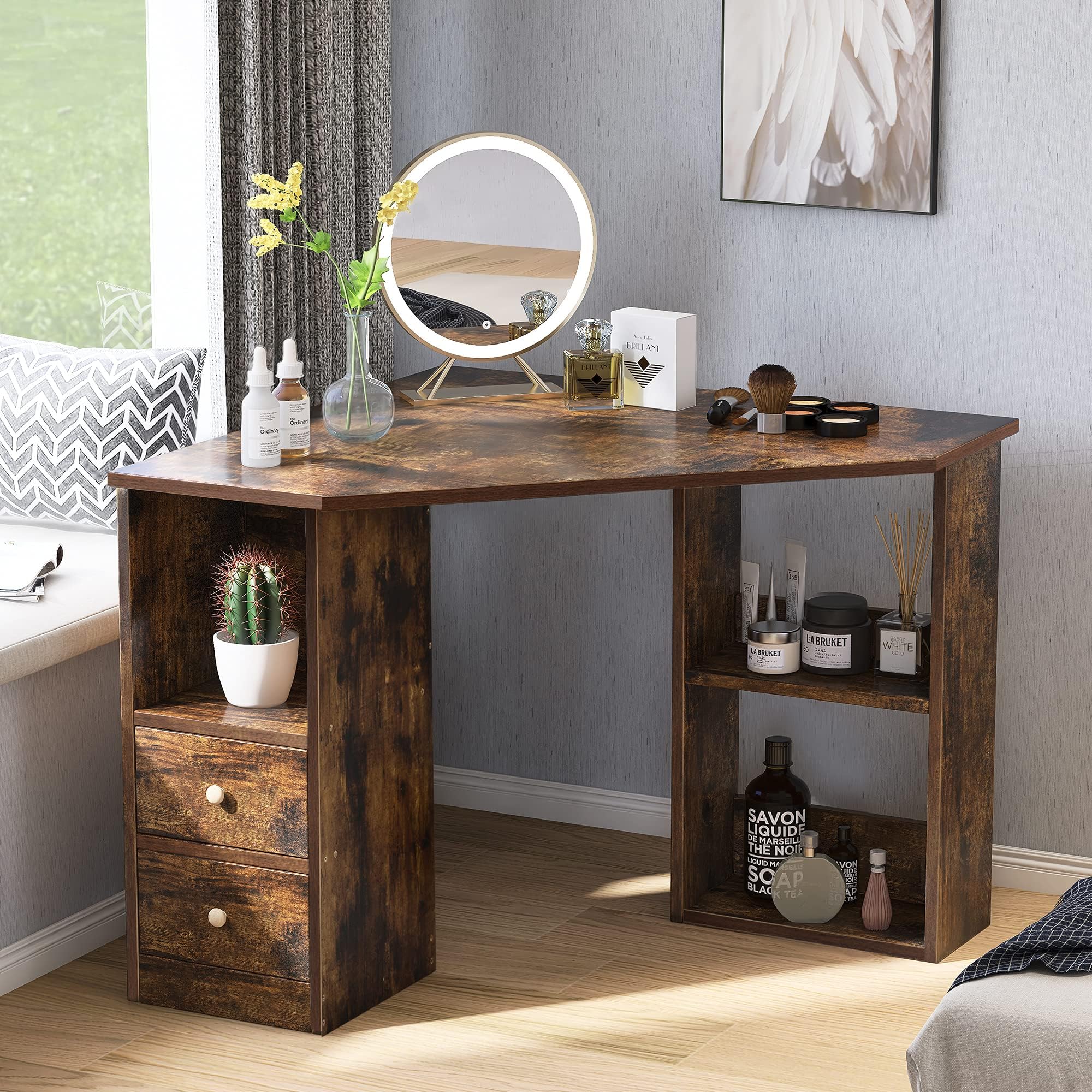 MeraxCorner Computer Desk Triangle Study Desk L-shaped Desk Dressing Table PC Laptop Table with 2 Drawer Large Storage Space Environmental Wood for Office or Home Brown