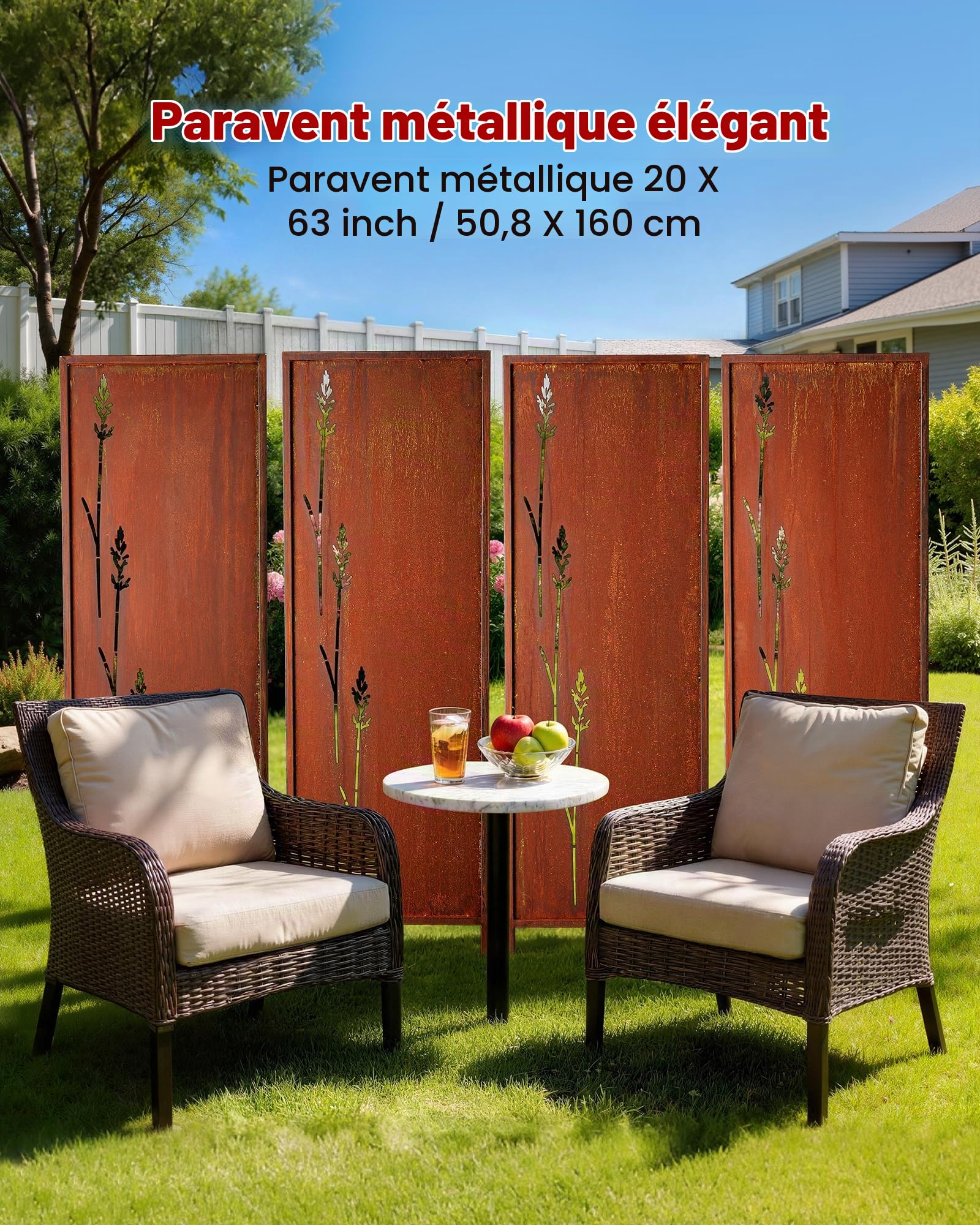 VEVOR Panneau Brise Vue Extérieur Métal 50x160 cm Paravent Extérieur Décoratif Autoportant, Écran d'Intimité, Séparation de Jardin, Acier au Carbone, Piquets de Sol, Motifs Naturels Ajourés, Lot de 4