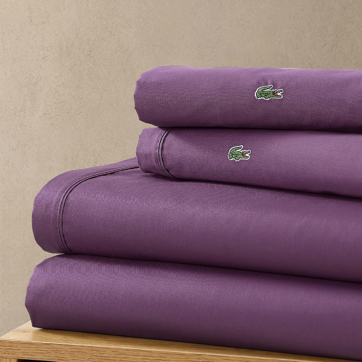 Lacoste 100% Cotton Percale 4-Piece Sheet Set – Crisp Cool Breathable All-Season Bedding, Oeko-Tex Certified, Soft Matte Finish, Durable Premium Cotton – Solid, Plum, Queen