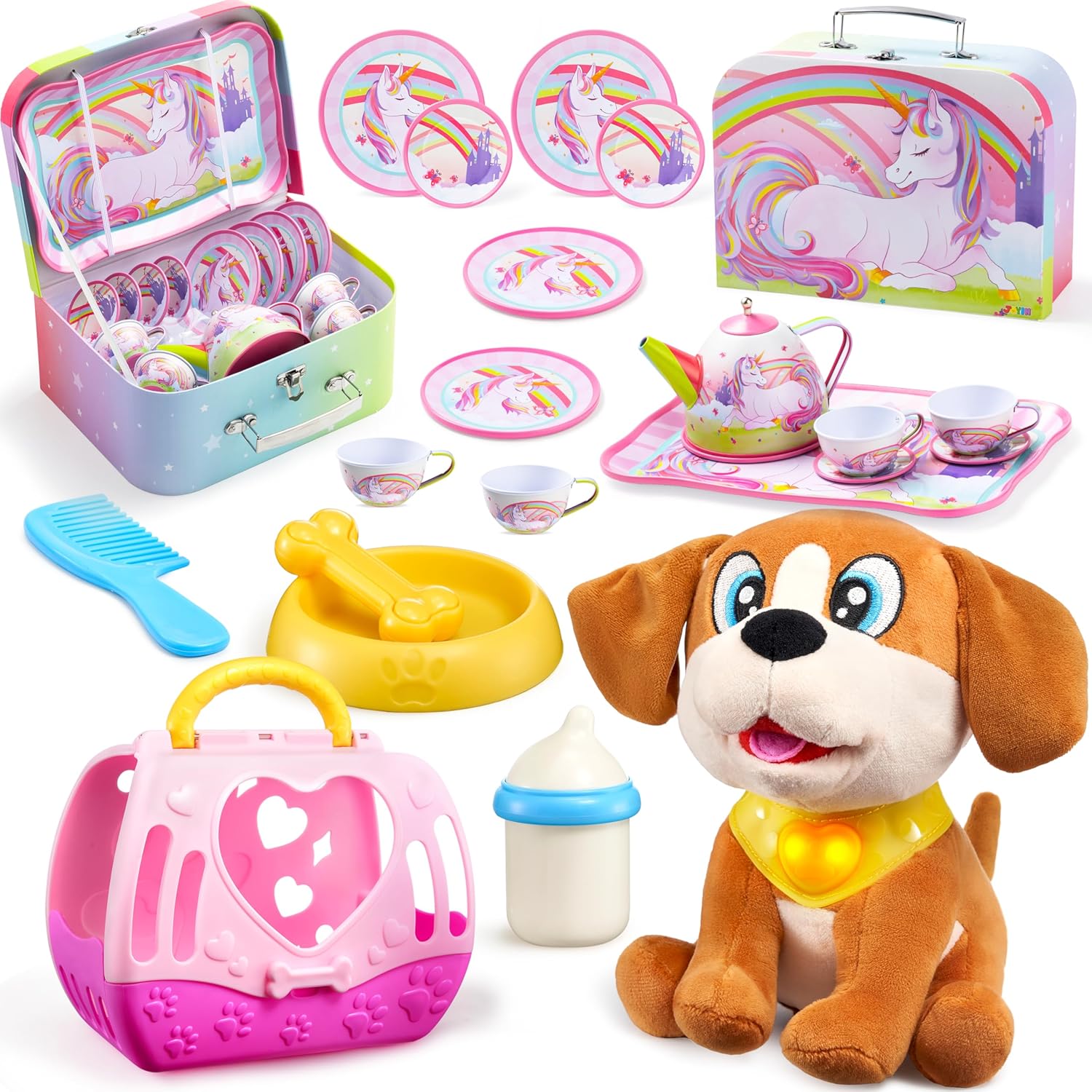 JOYIN Unicorn Tea Set and Plush Dog Toys for Toddlers, Tea Party Set for Children Kids Pretend Role Play Tin Teapot Set with Cups, Plates and Carrying Case, Interactive Puppy Toy with Button, Lights
