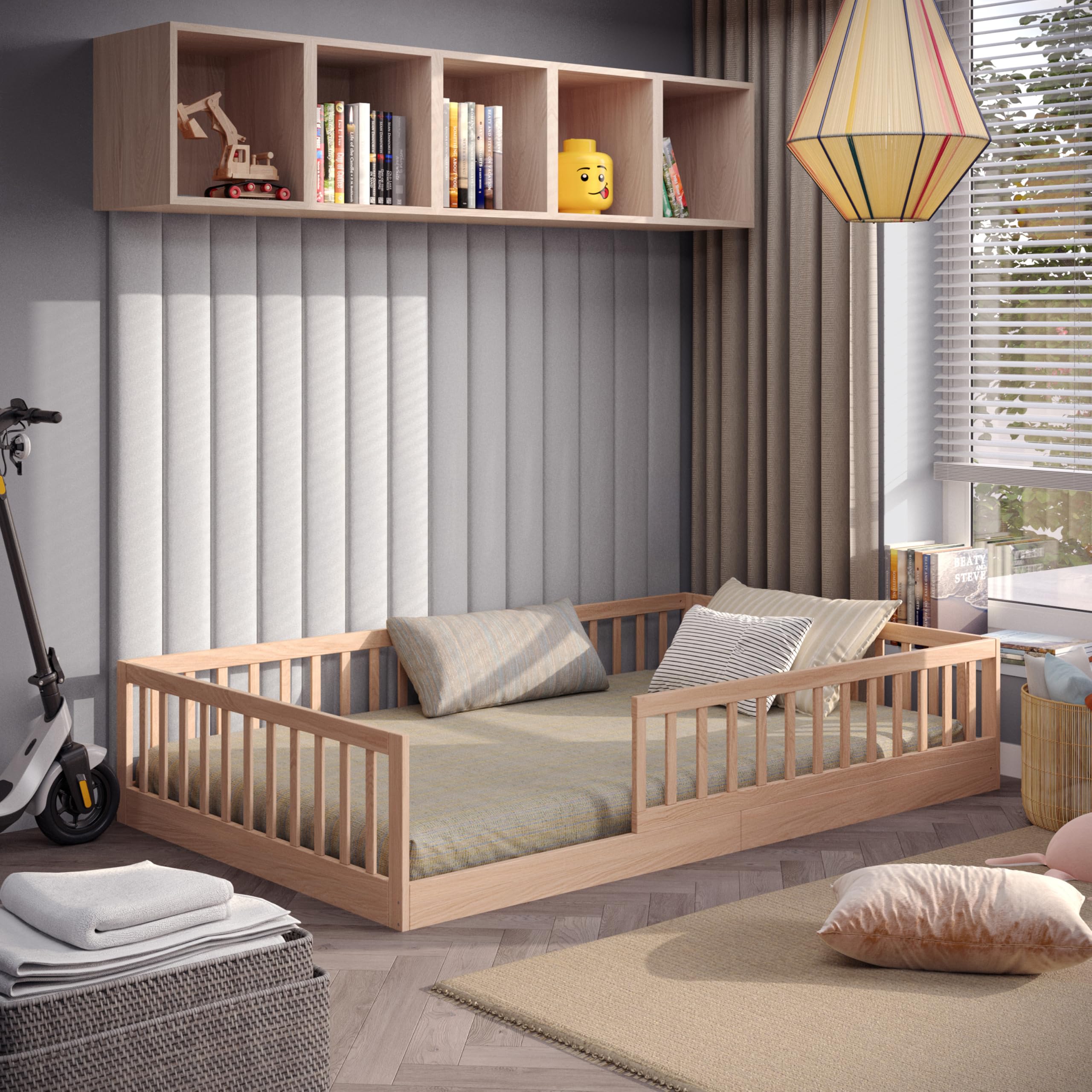 CADANI Timi 2in1 Bodenbett 120x200 cm – Montessori-Kinderbett mit abnehmbarem Rausfallschutz