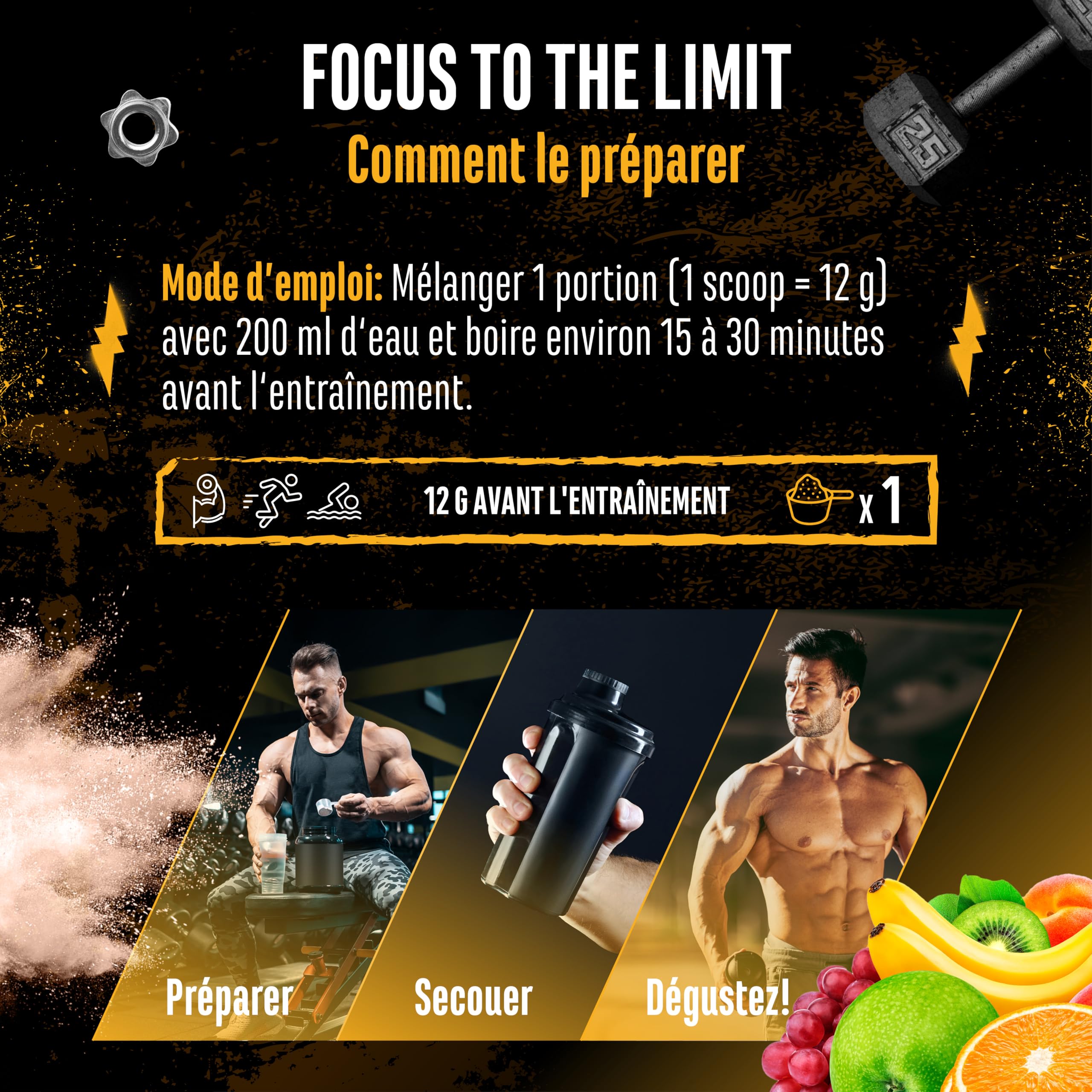 Focus to the Limit - Pre Workout hautement dosé avec L-Tyrosine + Taurine + Inositol + Extrait de Ginkgo + Citicoline + Rhodiola rosea + Caféine & Vitamines - (240 g, goût Mélange de fruits)
