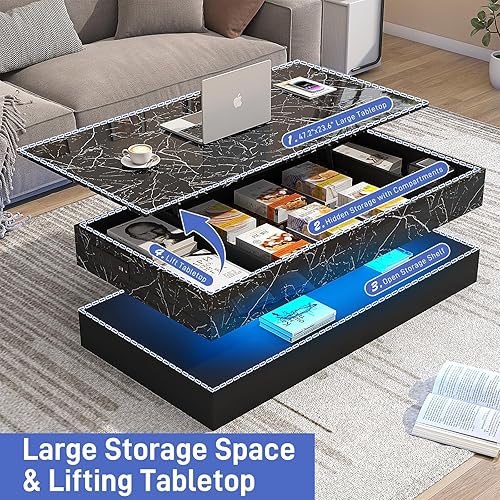 Miniatura 4 de 47.2" Mesa auxiliar grande con superficie de elevación, mesa de centro moderna con acabado brillante y compartimento de almacenamiento oculto, mesas