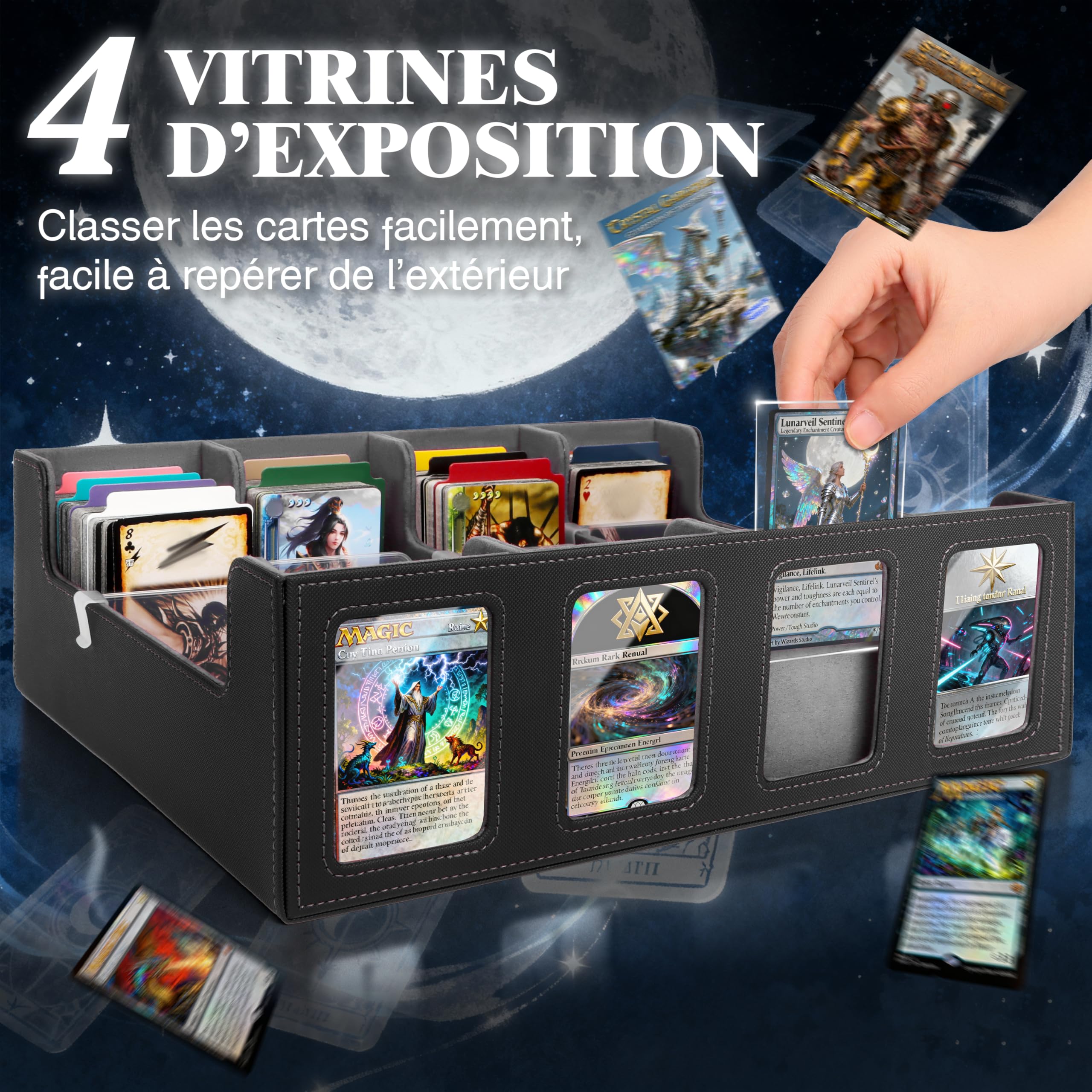 Charmofun Boîte Rangement Carte, Boîte à Cartes pour Plus de 2400+ Cartes Avec 10 Séparateurs, 4 Blocage et Plateau à Dés, Boîte à Rabat Magnétique Avec Cuir Pu et Poignée (Gris, 2400+)