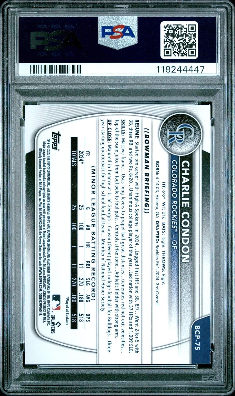 Graded 2025 Topps Bowman Charlie Condon #BCP75 Chrome Prospects Rookie RC Baseball Card PSA 10 Gem Mint