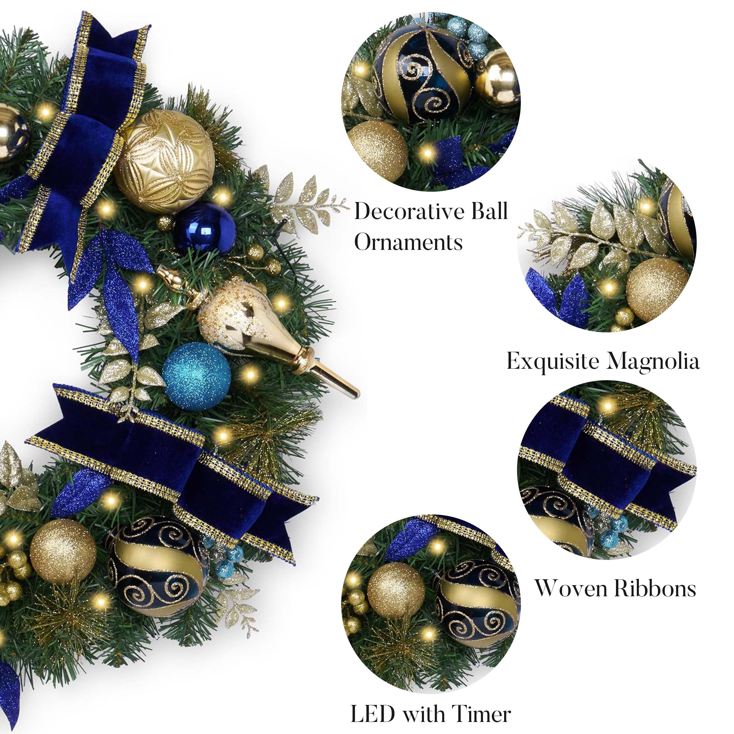 Valery Madelyn Couronne de Noël pré-éclairée pour porte d'entrée, grande couronne de Noël de 61 cm avec boules de Noël bleues pour cheminée, fenêtre, table d'extérieur, centre de table, décoration de