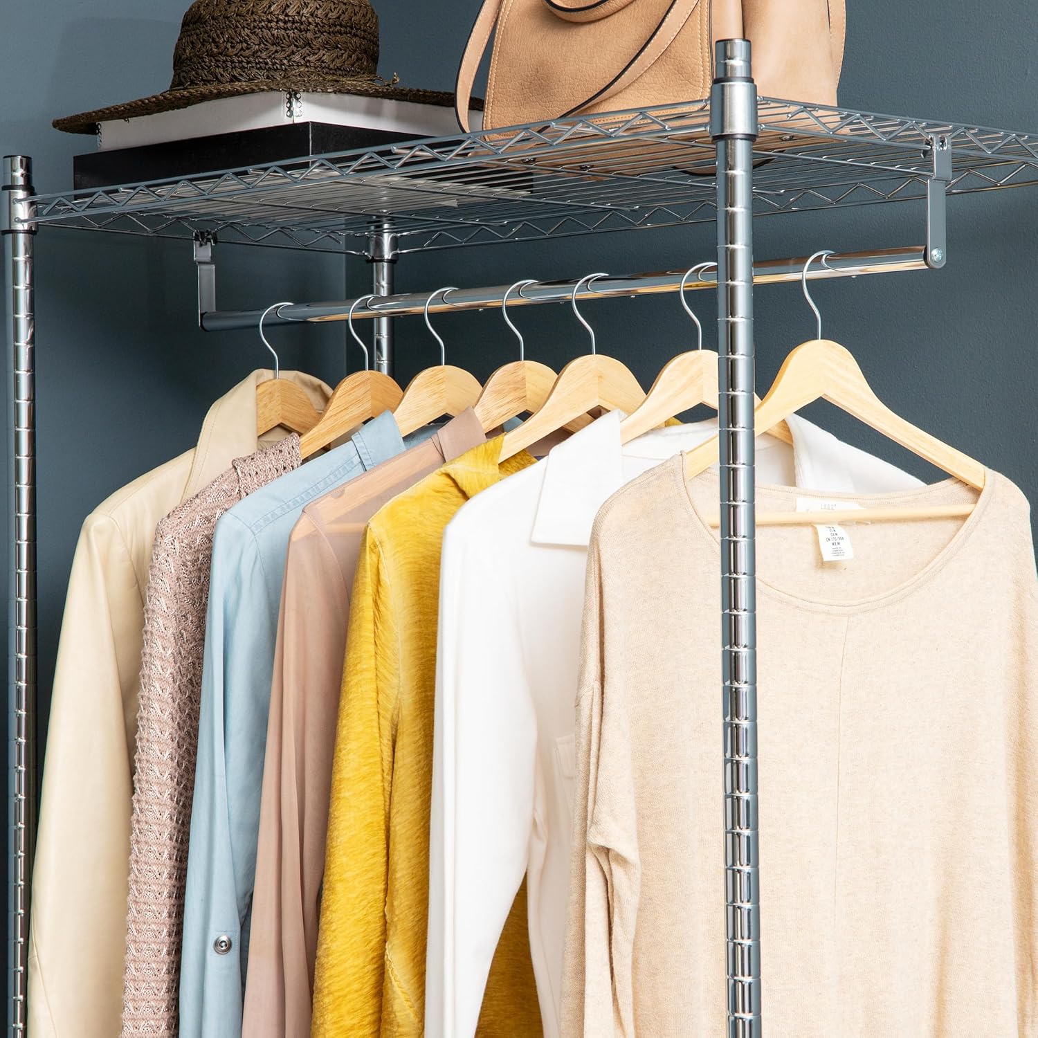 Mind Reader Heavy Duty Rolling Garment Rack with Adjustable Bar, Double Shelves & Locking Wheels, Chrome Steel Clothing Organizer, Chrome