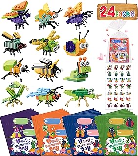 Colplay 24 Packs Valentines Day Gifts for Kids, Insect Building Blocks with Valentines Cards for Kids Classroom School & Stickers, Class Valentines Gifts Exchange, Party Favors for Kids Boys Girls