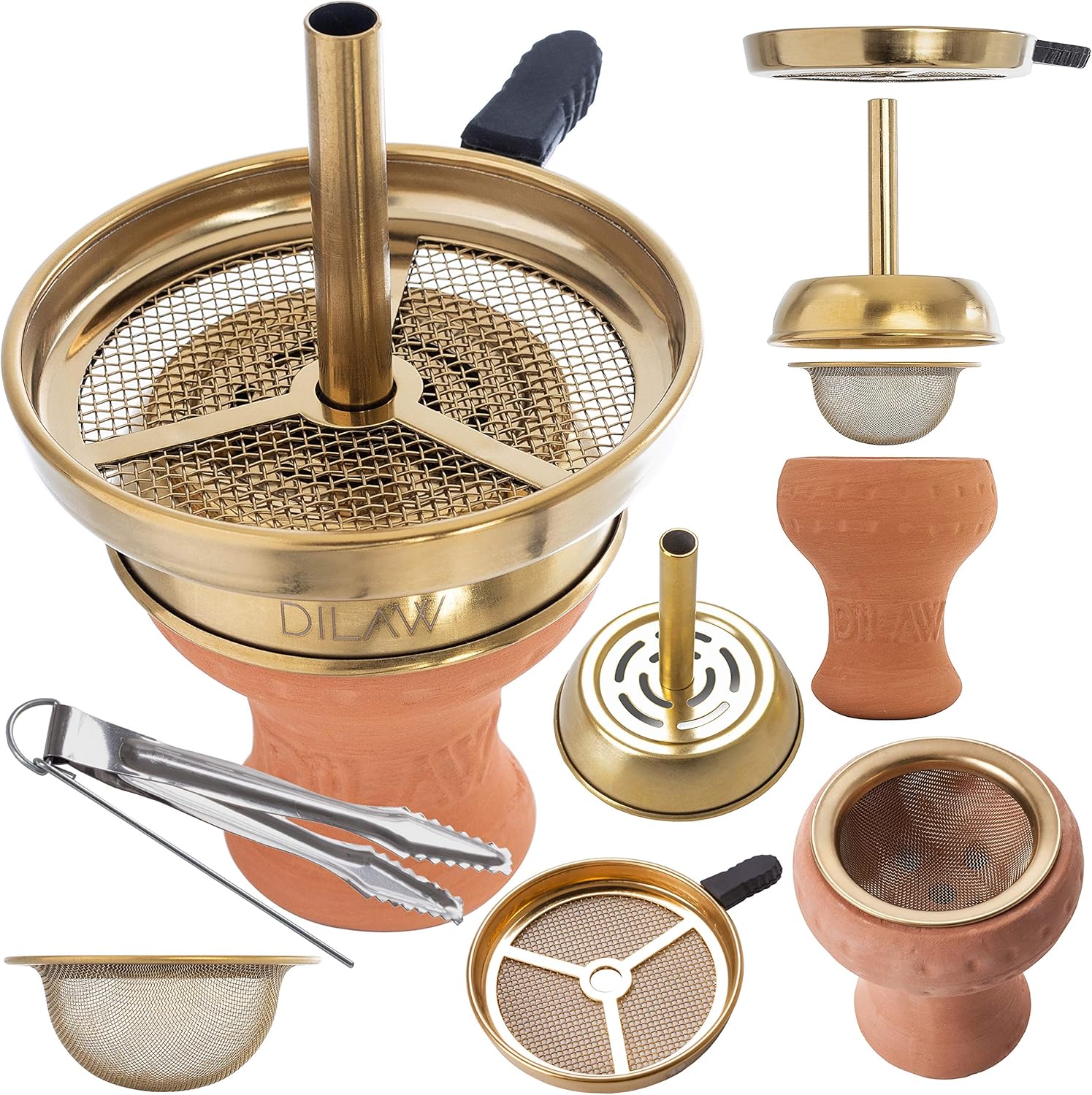 DILAW® Shisha Kaminkopf Set Tabaksieb Kohlezange Kaminaufsatz Tonkopf