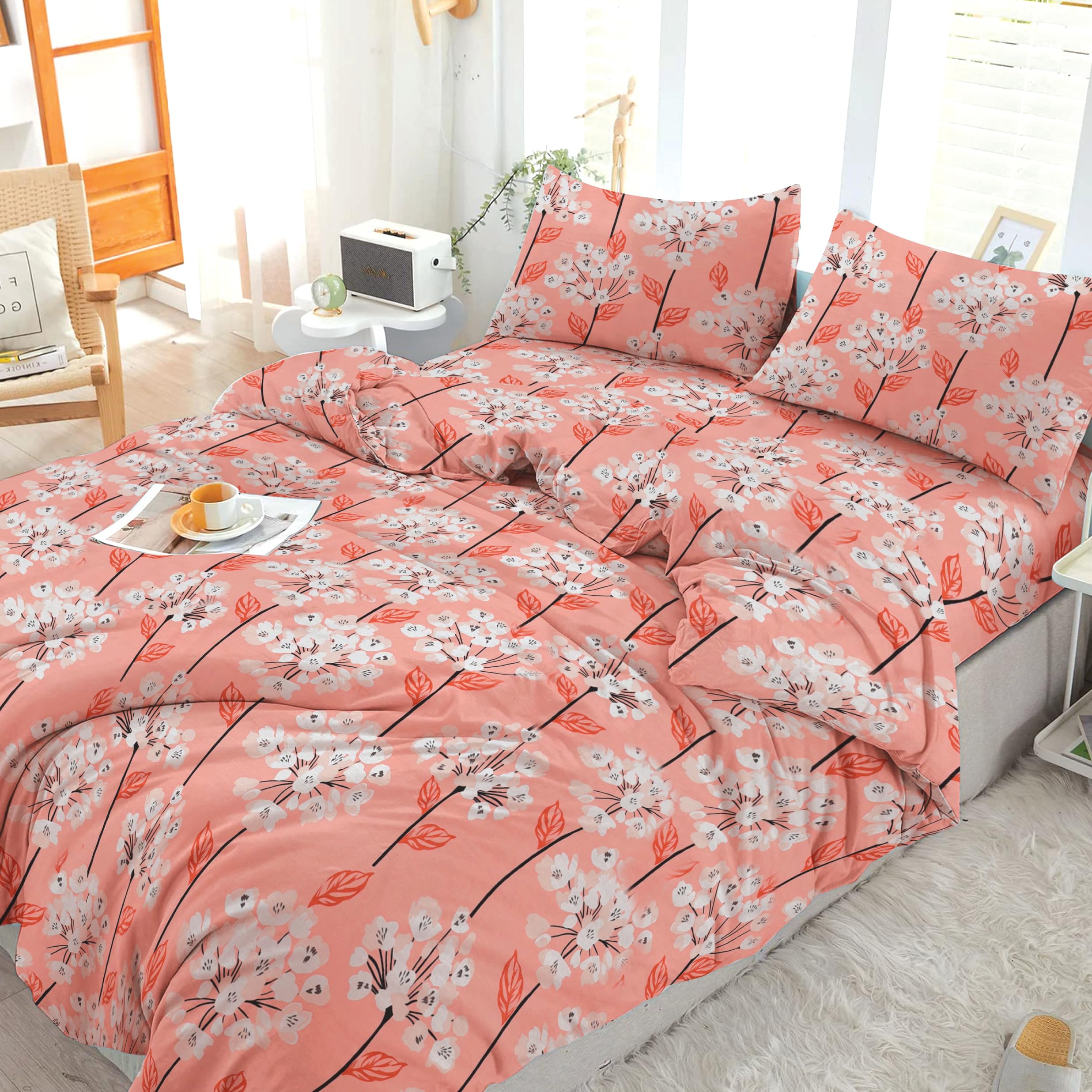 2PCS Single Duvet Cover Set 100% Egyptian Cotton Bedding Single Bed Set 400 Thread Count Floral Printed Lily Peach Duvet Cover Single with Pillow Case