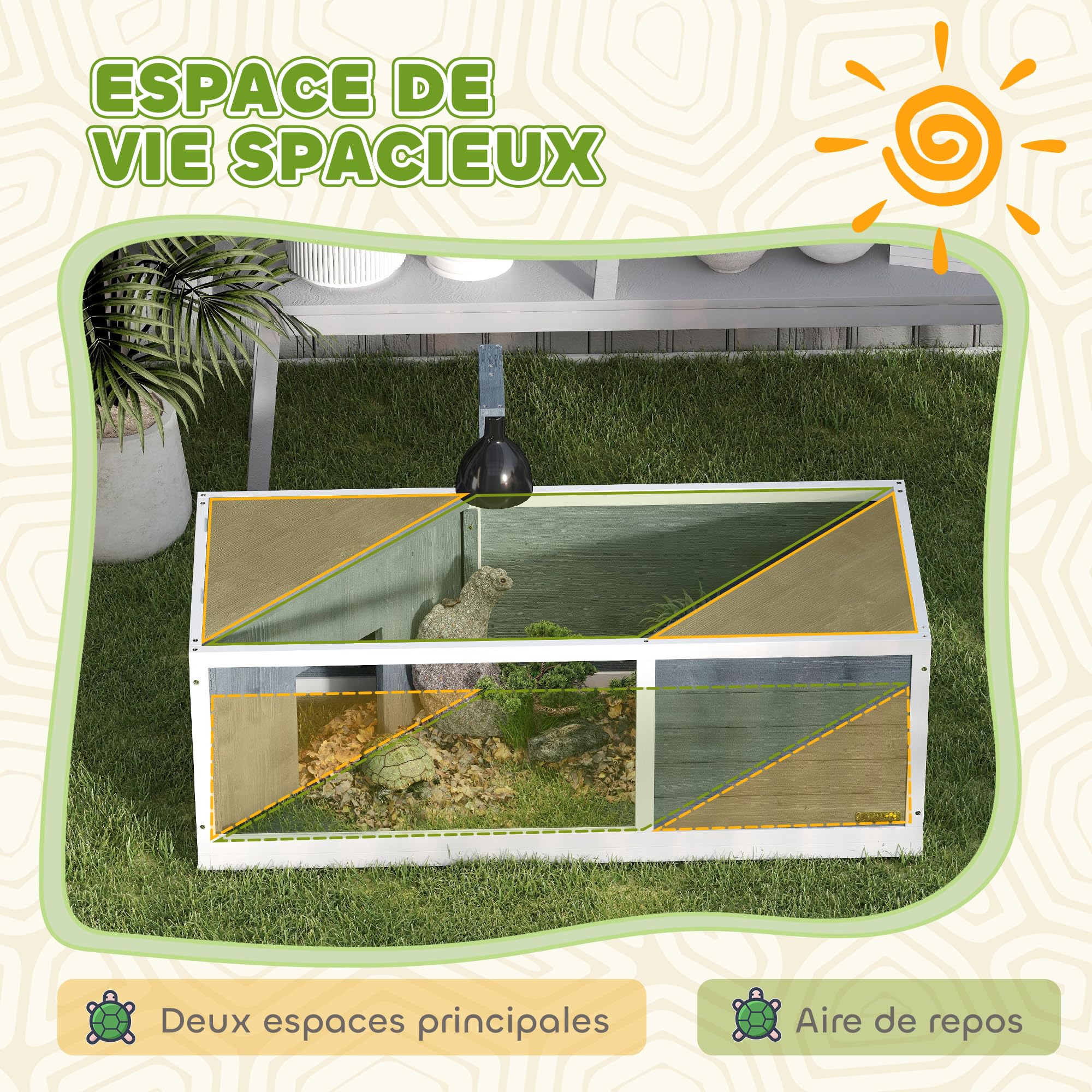 PawHut Casa per tartarughe XL 120 cm - terrario per tartarughe terrestri in legno, 2 nicchie con tetto apribile e area giochi aperta - recinto con supporto per lampada e finestra panoramica, grigio