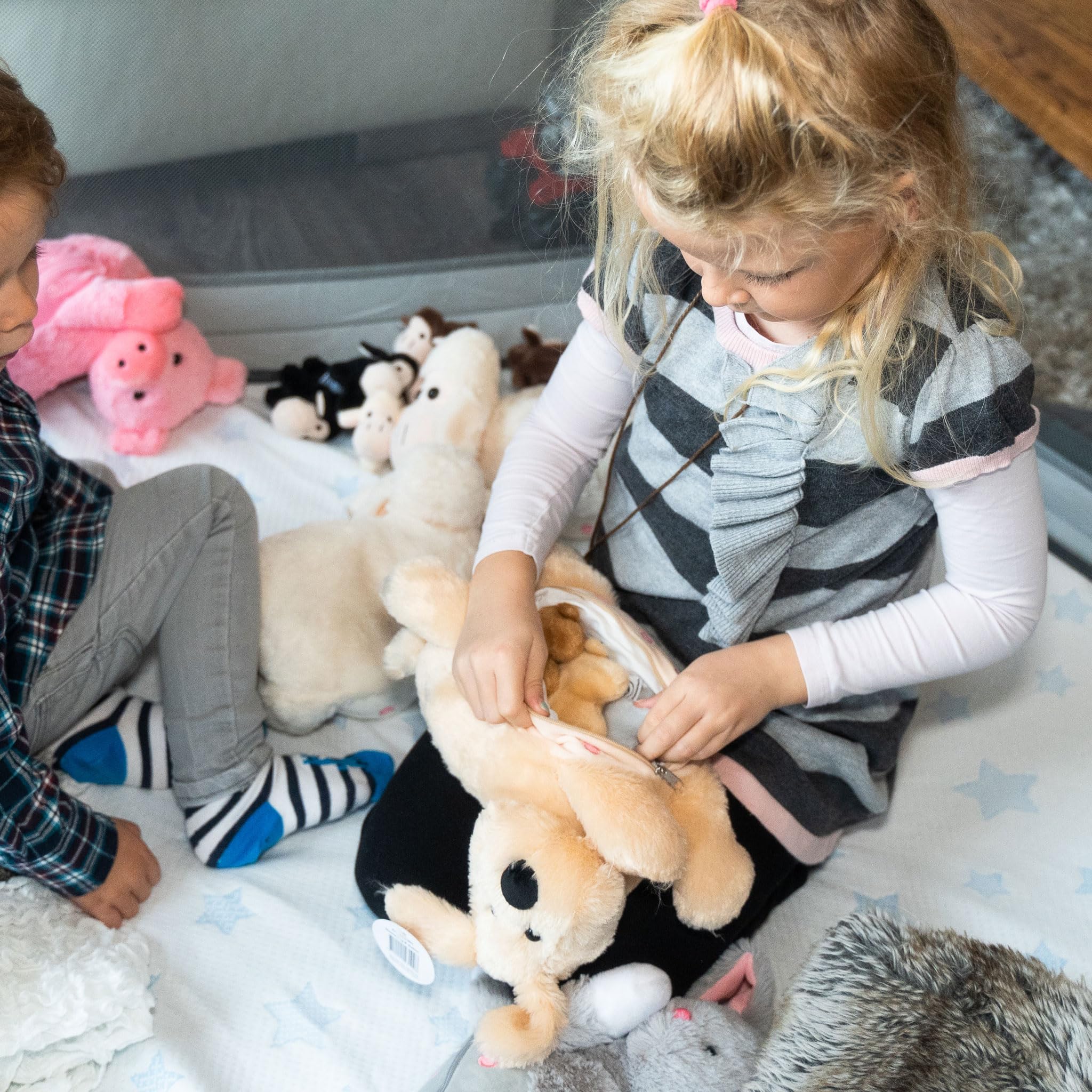 Peluche per cani con 3 cuccioli, per bambini in addome con chiusura lampo, per mammiferi, set di peluche di alta qualità per bambini, regalo per bambini