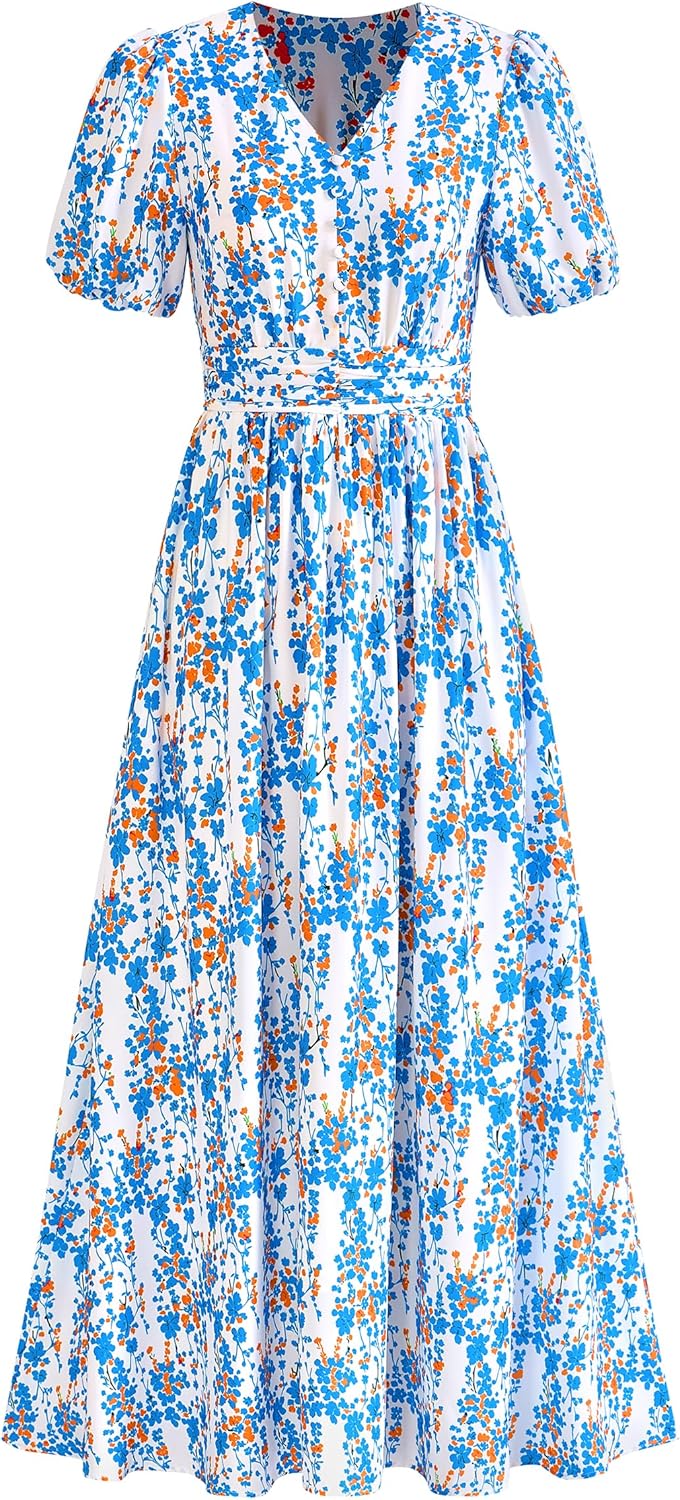 PRETTYGARDEN Womes Boho Maxi Dresses 2026 Summer Spring V Neck Puff Sleeve Empire Waist A Line Flowy Long Beach Floral Dress