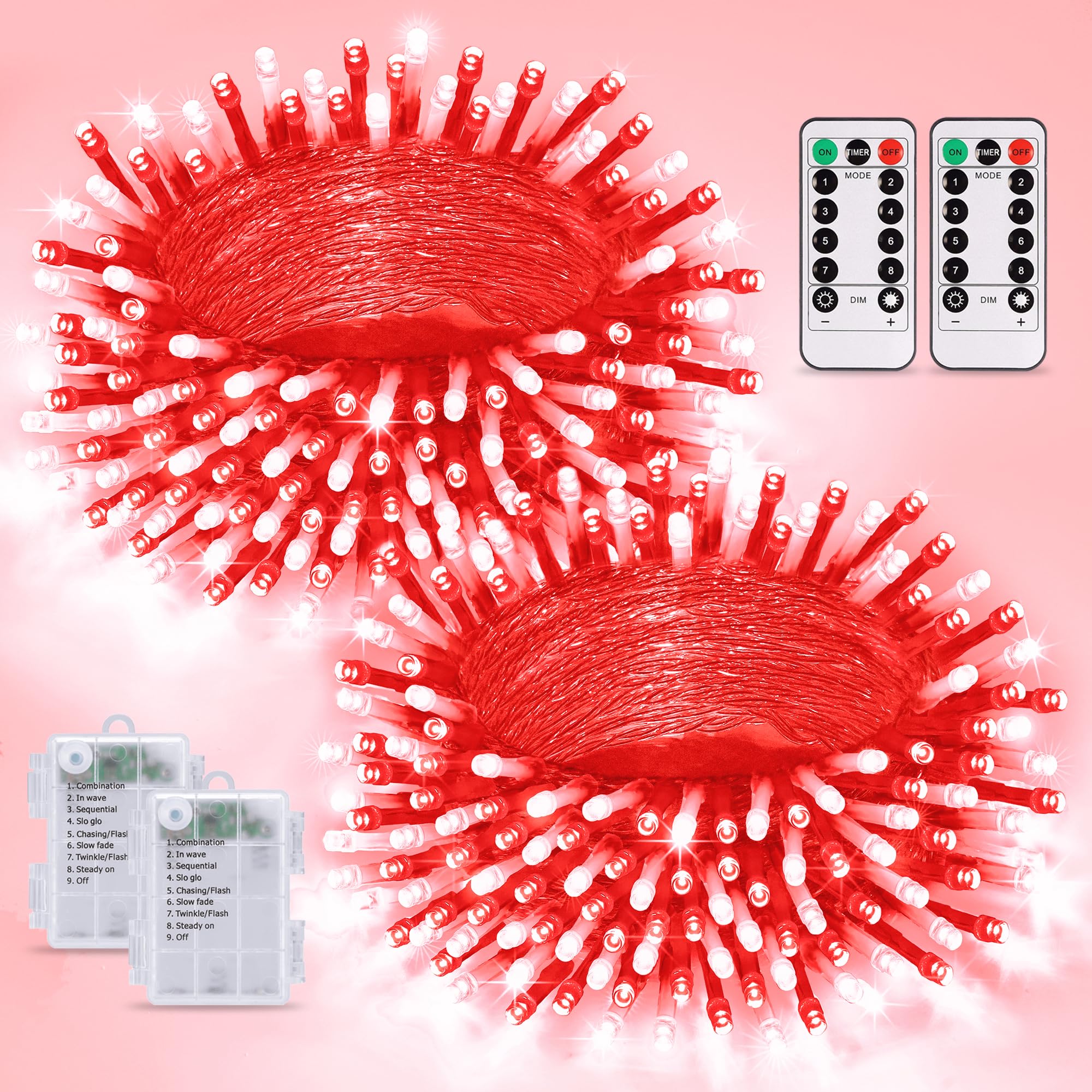 JMEXSUSS Confezione da 2 luci rosse e bianche a batteria, ogni 10 m 100 LED alimentate a batteria con telecomando per feste esterne di compleanno