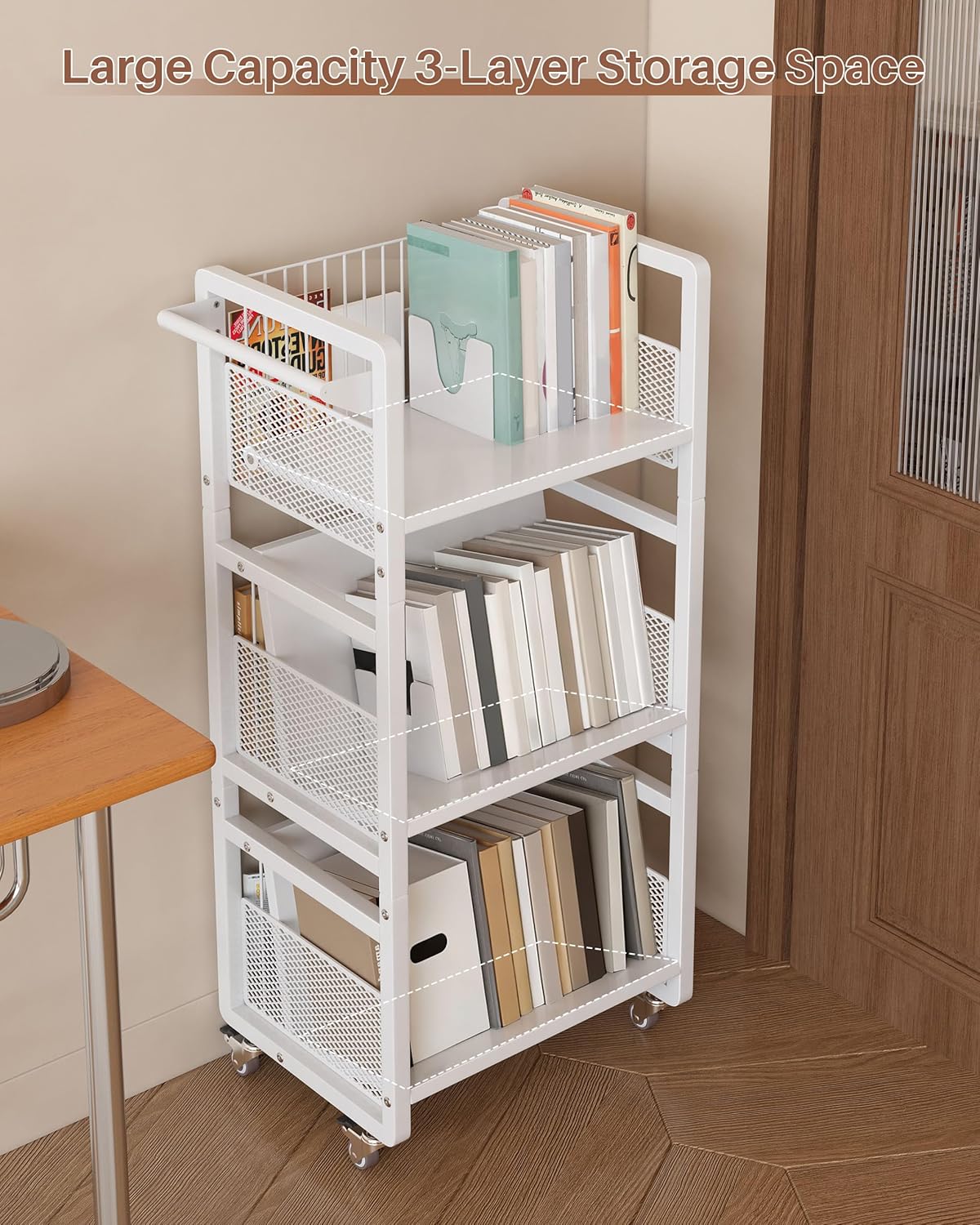 UMDONX Heavy-Duty Double-Sided Book Cart with Silent Wheels and 3 Magnetic Book Shelves, Rolling Book Shelf, Library Book Cart, Suitable for Home, Office, or School （White）