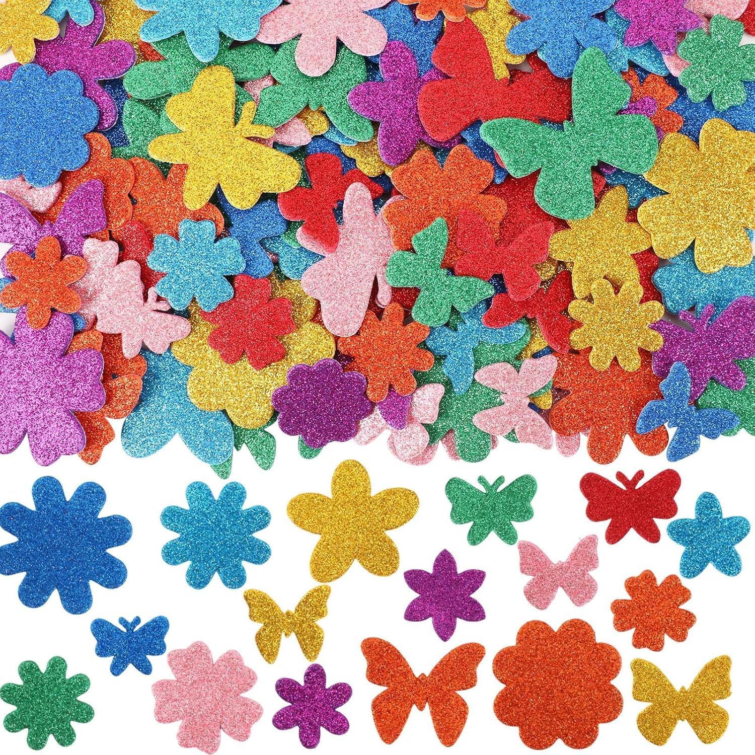 JULBEAR 200 Pieces Spring Glitter Foam Stickers Bulk Self-Adhesive Colorful Flower Butterfly Shapes Foam Stickers for Arts Crafts DIY Scrapbooking Cards Decoration Home DIY Supplies