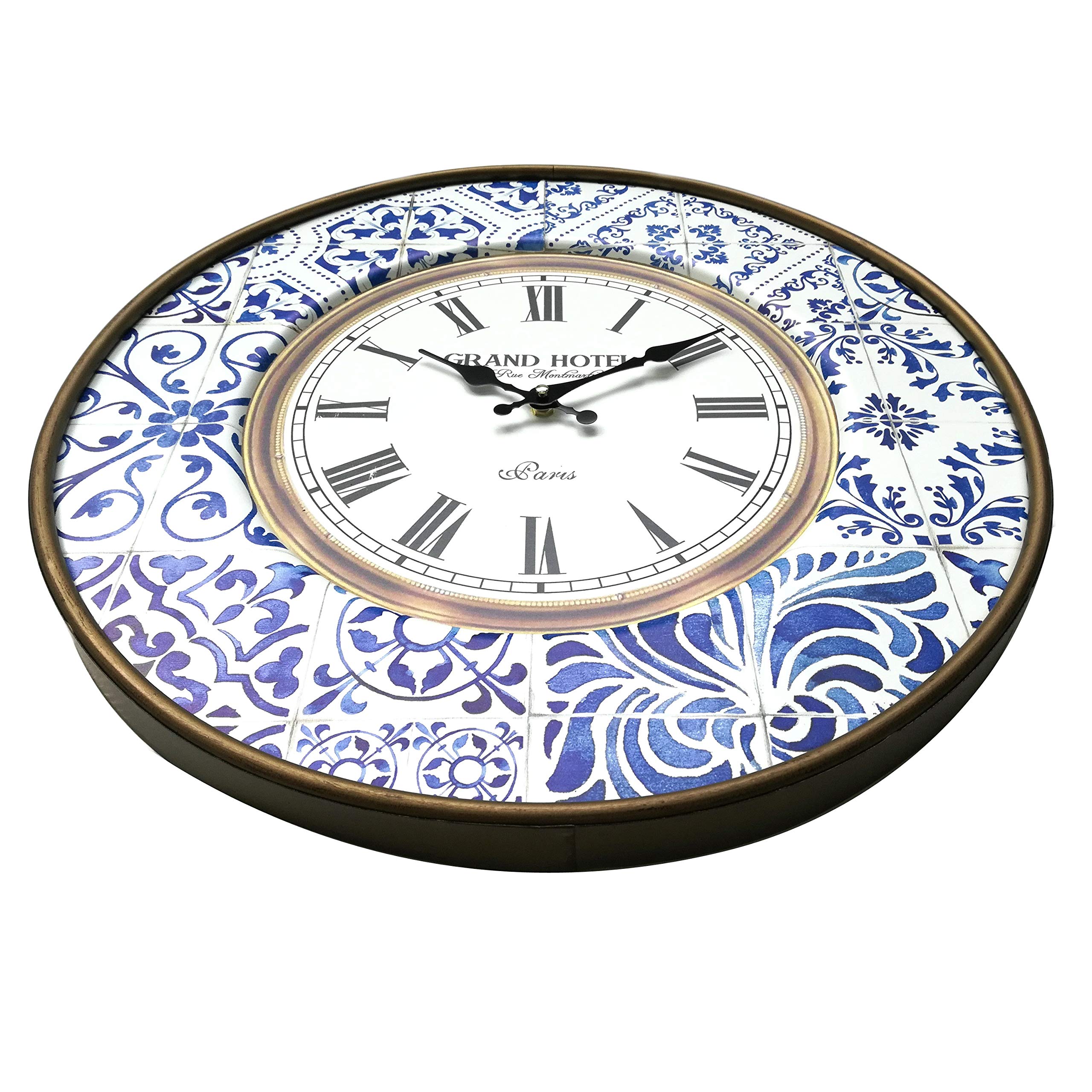Rebecca Mobili Orologio da Appendere, Orologi da Muro Rotondo, Metallo, Bianco Marrone Blu, Stile Vintage - Diametro 50 cm x 4,5 cm - Art. RE6383