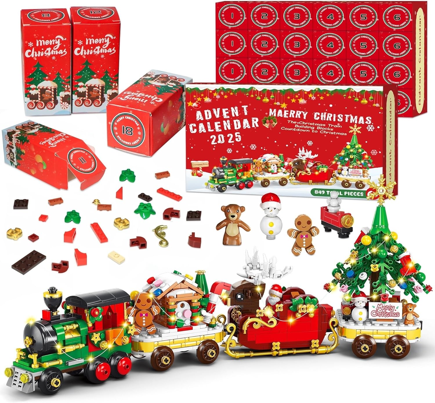 Advent Calendar 2025 Christmas Train Building Set with Lights, 24 Boxes Christmas Countdown Surprise Blocks Compatible with Lego, Xmas Gifts for Kids Adults (849PCS)
