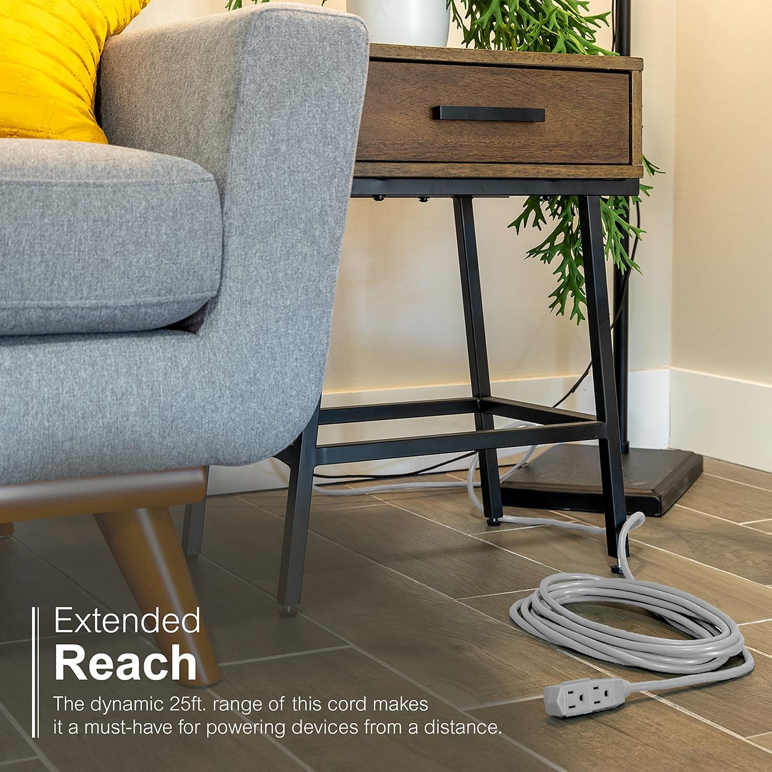 GE 3-Outlet Flat Extension Cord 25 Ft Grounded Extension Cord with Multiple Outlets 3 Prong Outlet Extender Flat Plug Indoor Power Strip 16 Gauge UL Listed Gray, 43025