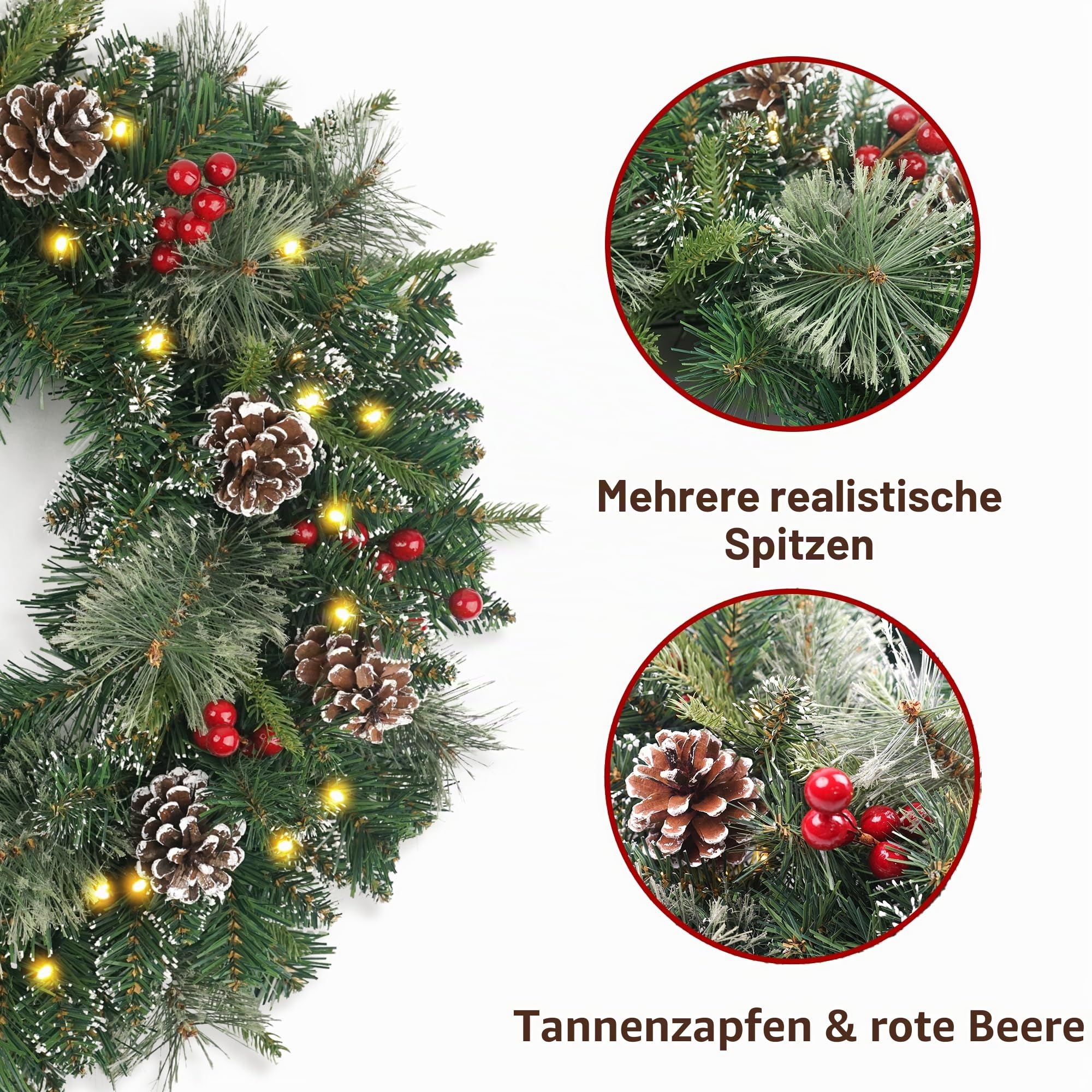 Weihnachtskranz Snowy Vorbeleuchtet 61.0 cm mit 50 Licht & Tannenzapfen, Künstliche Weihnachtskränze für Haustür mit Lichtern, Kranz für Weihnachtsdekoration Tür Fenster Wand Grün