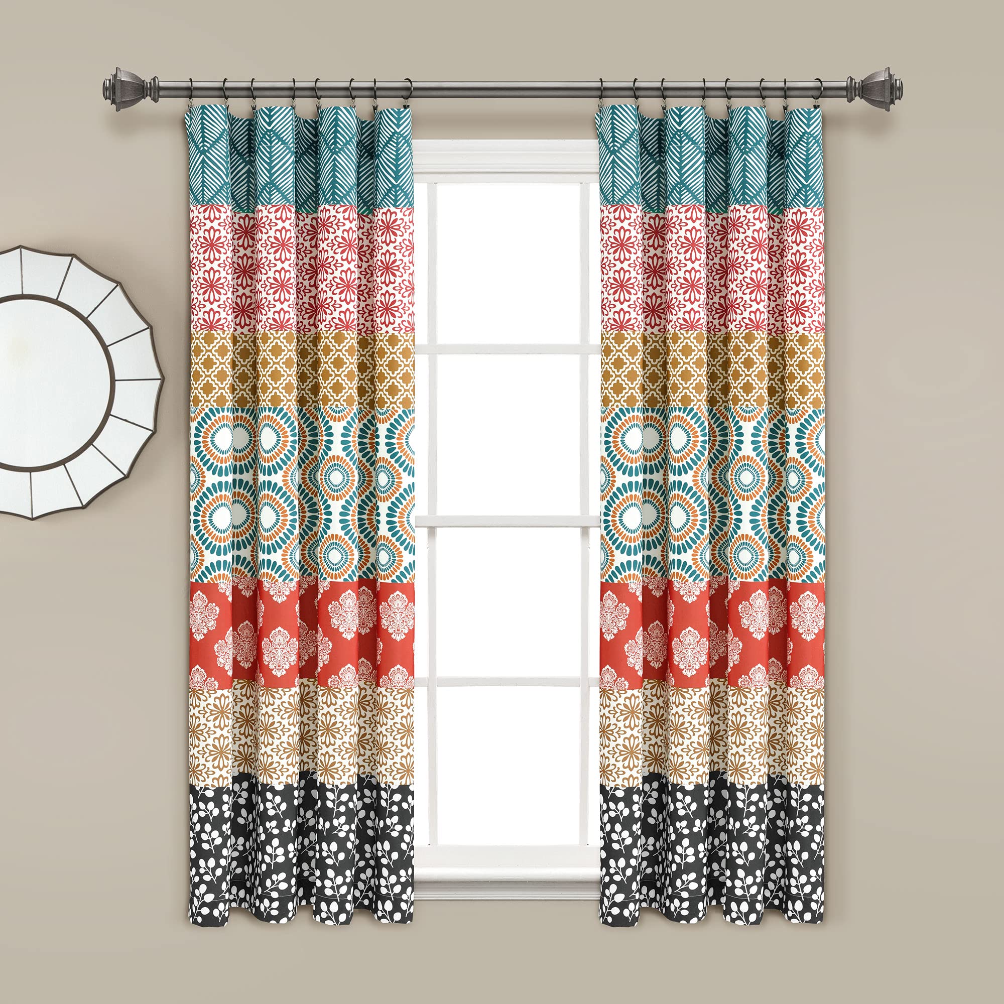 Lush Decor Bohemian Stripe Window Curtain Panels, Pair 52" W x 63" L Turquoise & Orange - Light Filtering Curtains for Bedroom - Boho Curtains - Maximalist Decor