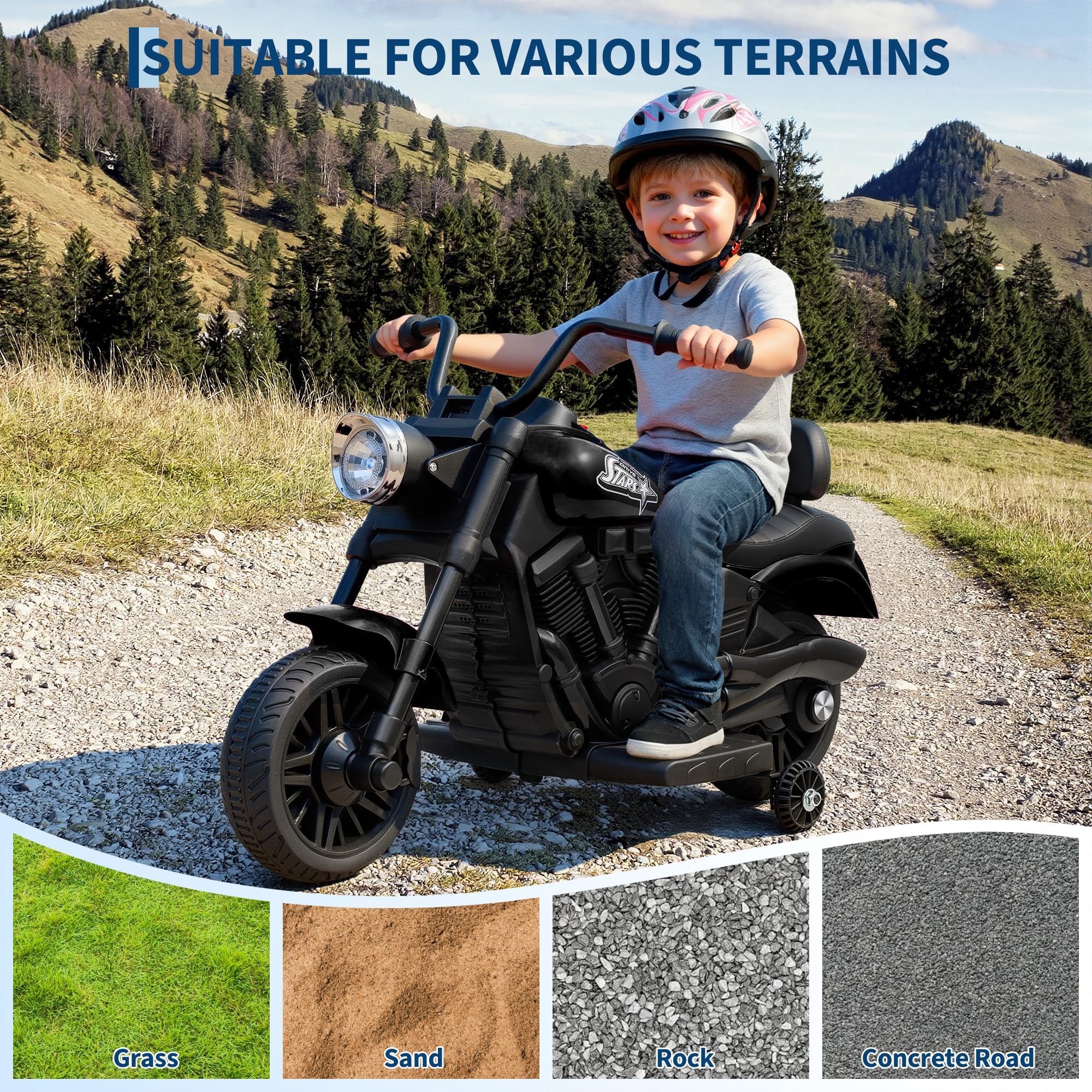 Moto électrique 6V pour Enfants - Batterie 4,5Ah, Stabilisateurs, Lumières Et Musique - Démarrage Progressif, Système De Suspension, Construction Légère - Convient Aux Enfants De 3 à 6 Ans