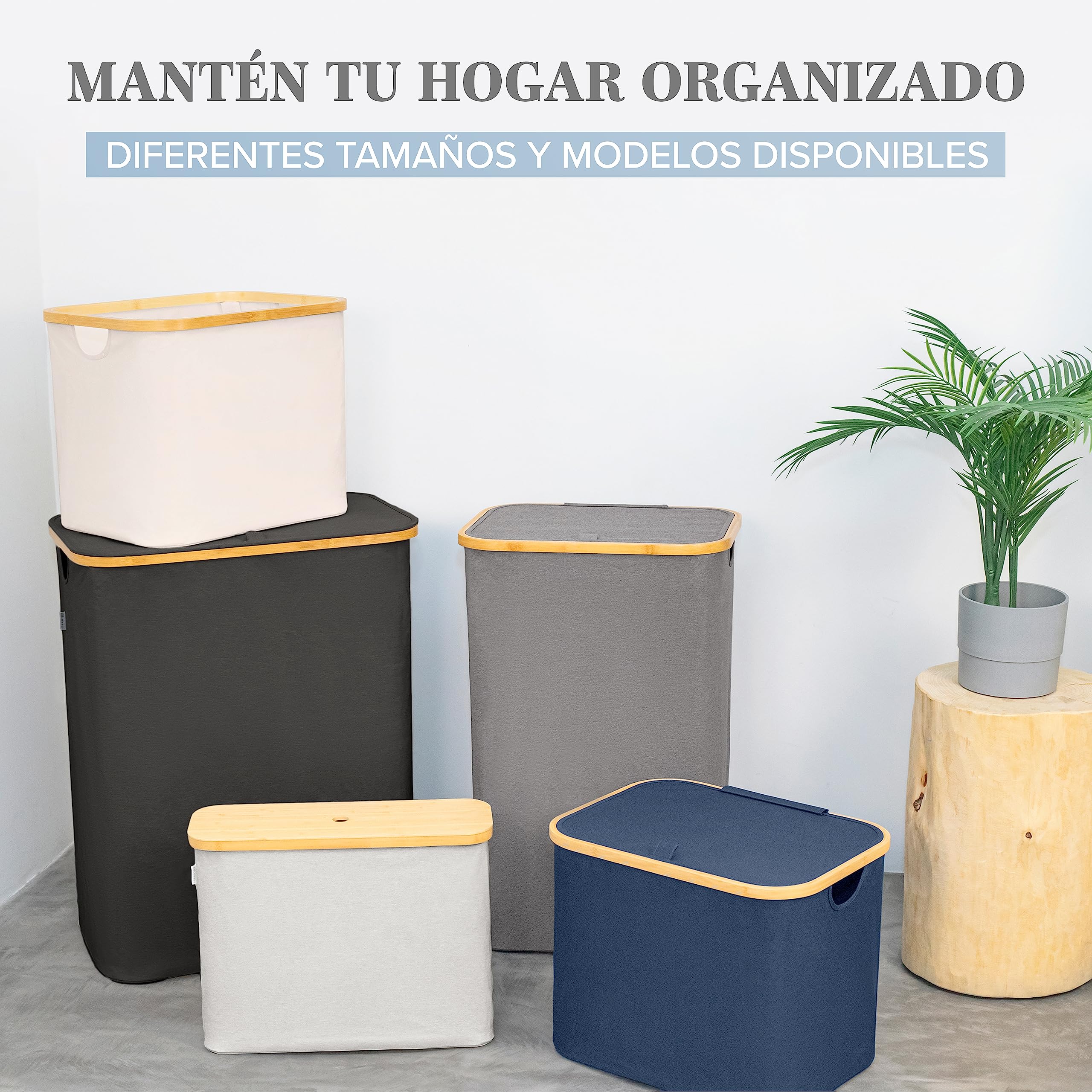 LONBET 100L Cesto Ropa Sucia con Tapa y Estructura de Bambú - Cubo Ropa Sucia Estético con Bolsa Extraíble, Asas Cómodas y Tela Transpirable para Uso Diario Eficiente - Laundry Basket, Gris