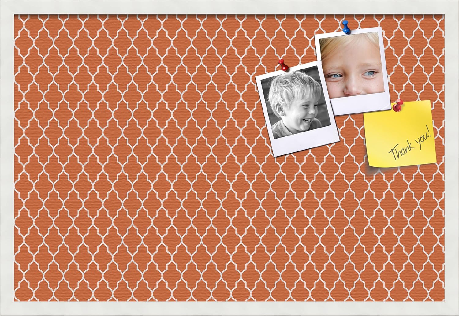 PinPix 30x20 Custom Cork Bulletin Board Quarterfoil Orange Poster Board with a Canvas Style Photo Board, Framed in Satin White Frame (PinPix-328)