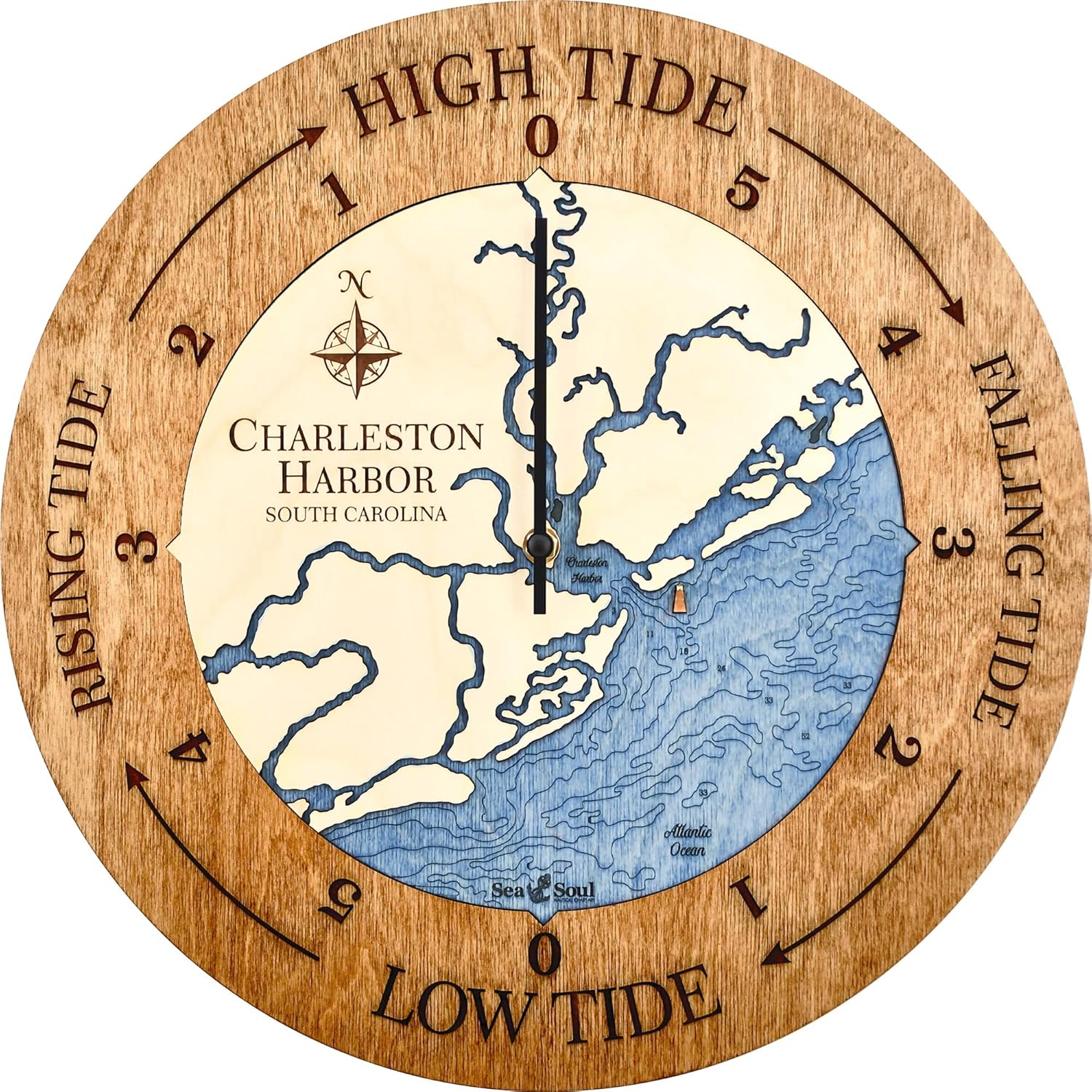 Sea & Soul Charleston Harbor Tide Clock, 3-D Water Depth Tide Clock, Nautical Map High Tide Clock, Fisherman Gift, Coastal Décor, Nautical Décor (Americana/Deep Blue)