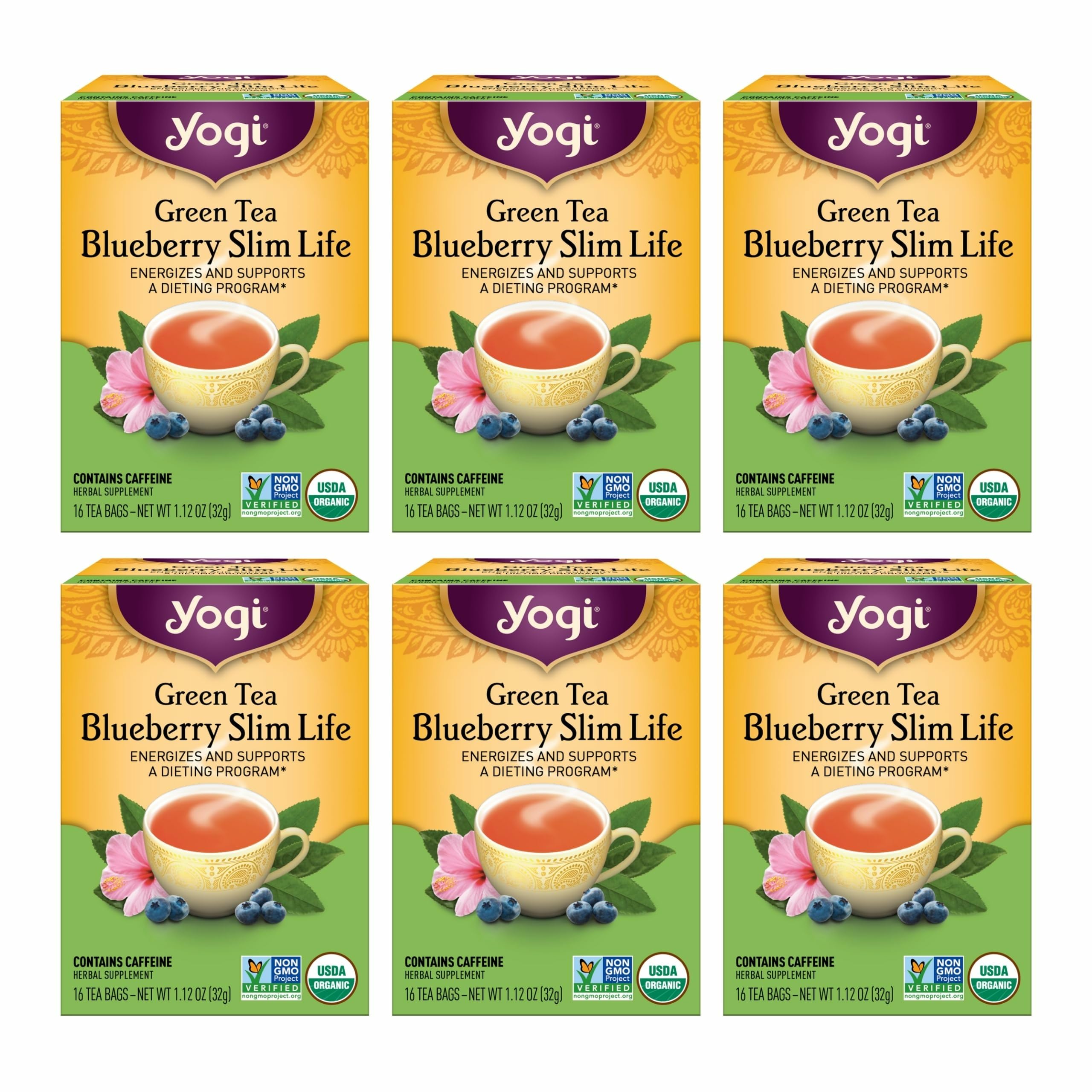 YogiTea Green Tea Blueberry Slim Life Tea - 16 Tea Bags per Pack (6 Packs) - Organic Tea to Support Stamina & Energy - Includes Green Tea Leaf, Bilberry Leaf, Hibiscus Flower, Blueberries & More.USDA Organic