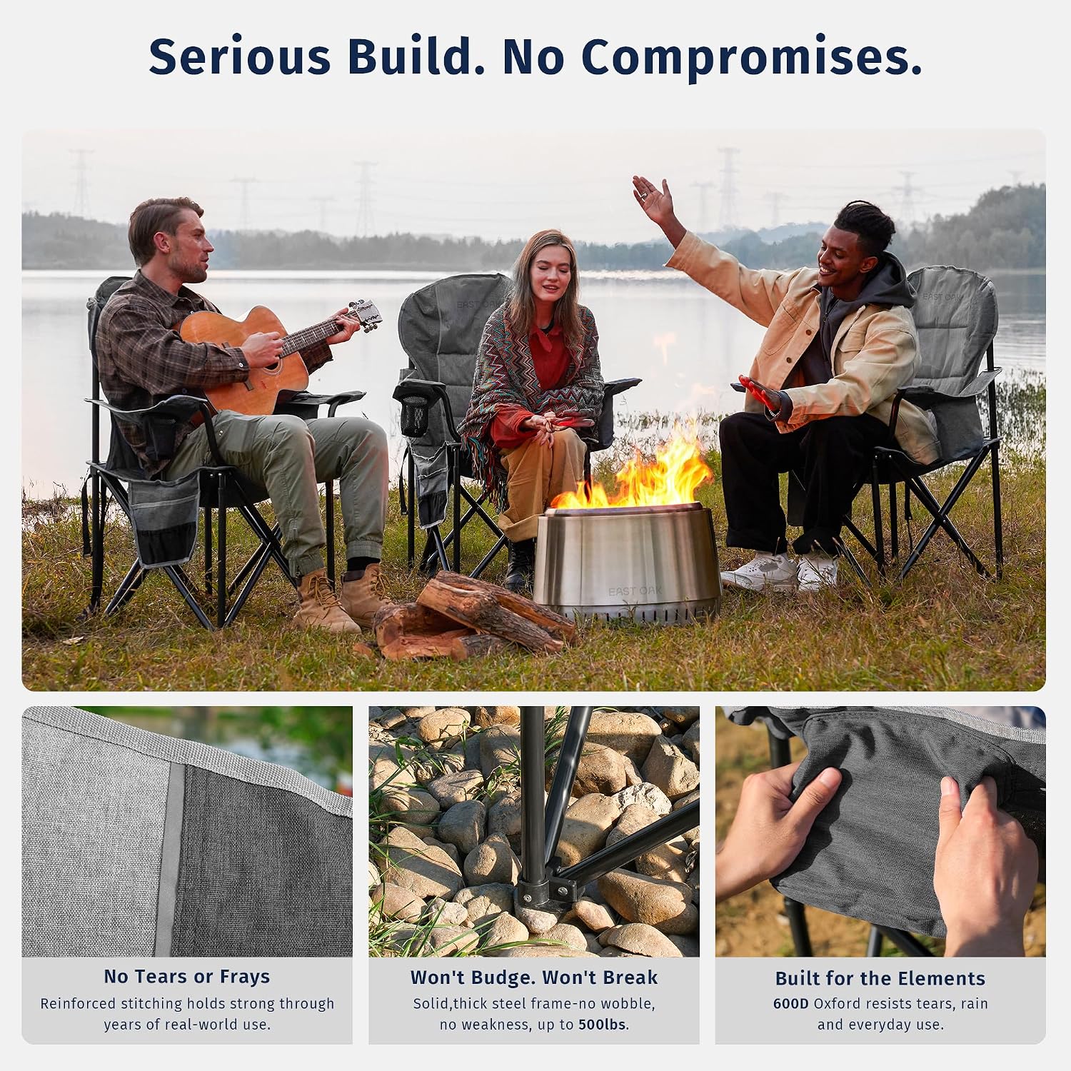 East Oak Oversized Camping Chair | 500LBS Support, 600D Oxford, Cup Holder & Side Pocket | Heavy Duty Camping Chairs | Ideal for Camping, Beach, Sports Events, Backyard & Tailgating | Gray
