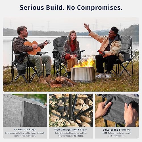 Miniatura 5 de East Oak Silla de campamento de gran tamaño  Sillas de campamento resistentes  Soporte de 500 libras, Oxford 600D, portavasos y bolsillo lateral