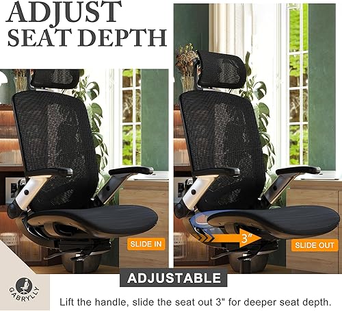 Miniatura 5 de GABRYLLY Silla de malla de oficina, silla de escritorio ergonómica con asiento deslizante mejorado, reposabrazos abatible ajustable y reposacabezas