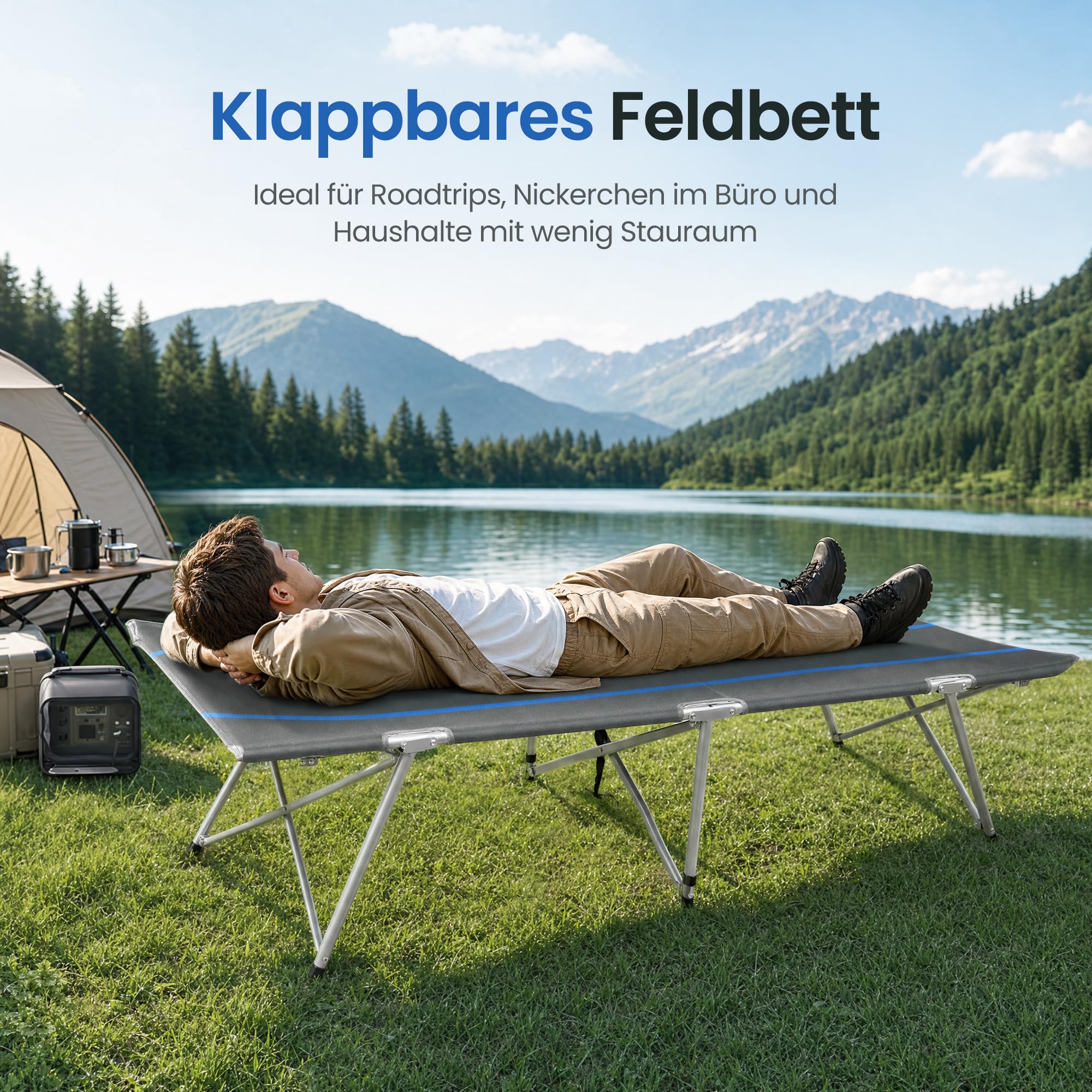 High Peak Feldbett klappbar, hohe Liegefläche, 190 x 65 x 45cm, bis 120kg | Gästebett mit 600D Oxford, pulverbeschichteter Stahlrahmen und Packmaß 95,5 x 14,5 x 12,5cm für Camping, Büro und Gäste