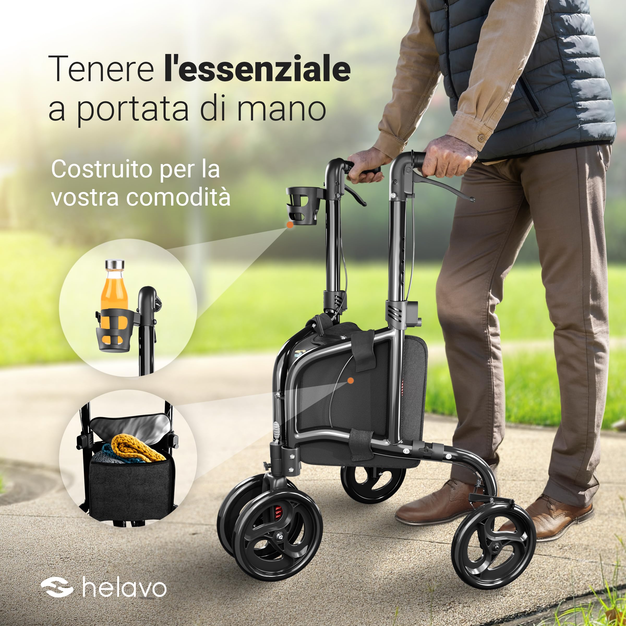 Helavo Deambulatore a 3 ruote con Doppie Ruote Anteriori - Solo 5,5 kg, Pieghevole, Deambulatore per Anziani, Stretto per Interni, Girello per Anziani in Alluminio