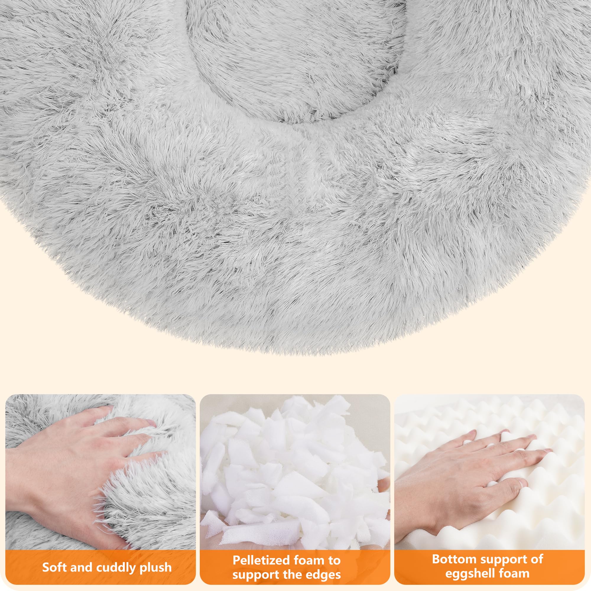 HMTOPE Cuccia ortopedica per cani rotonda, cuscino tappetino per cani e gatti, a ciambella, morbida, lavabile, diametro 60 cm, grigio chiaro