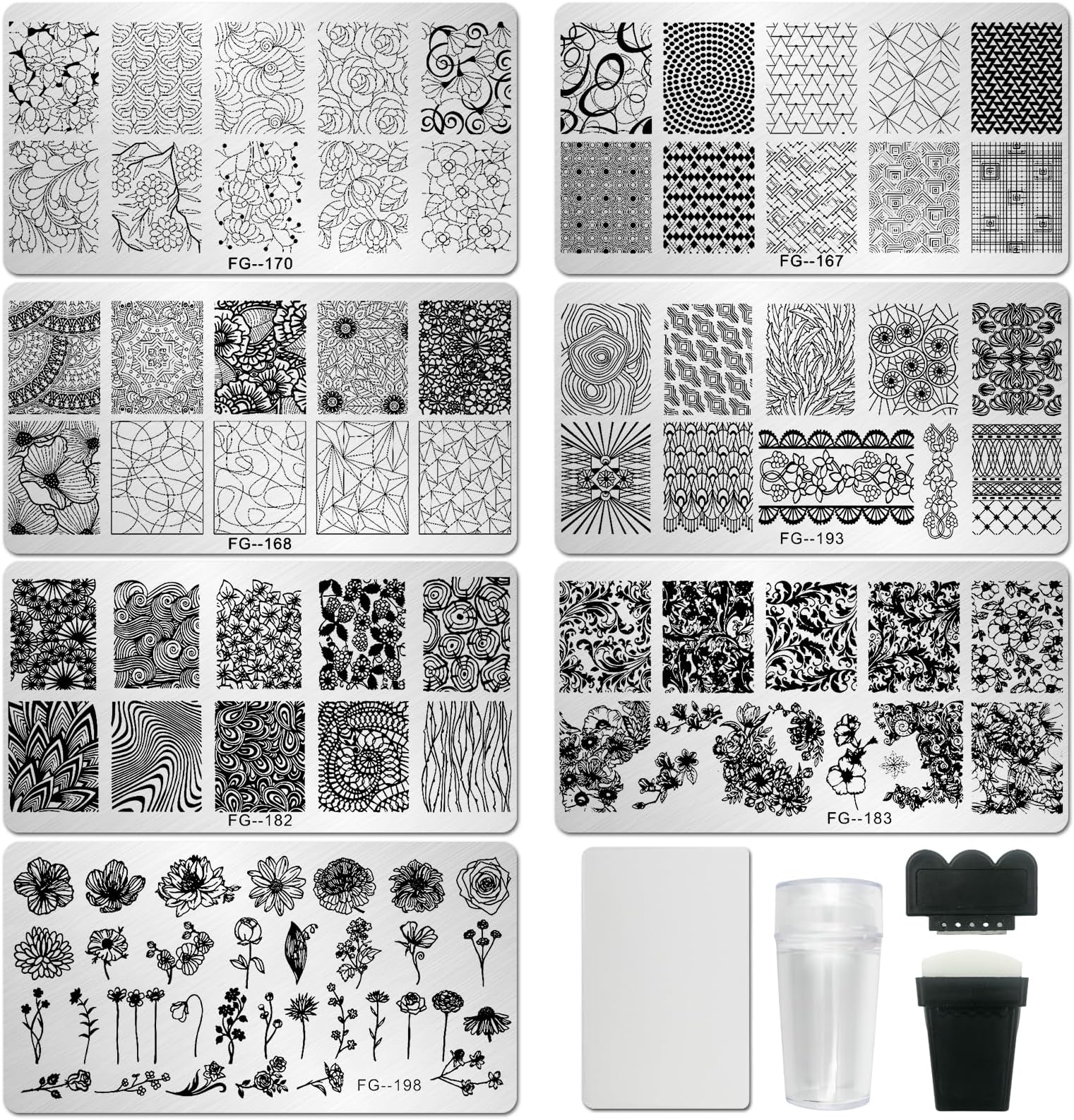 Nail Stamper Kit 7pcs Nail Stamping Plates Geometric Mandala Flower Nail Stencils with 2 Stamp and 2 Scraper for Home Salon Manicure Design Supplies Tools