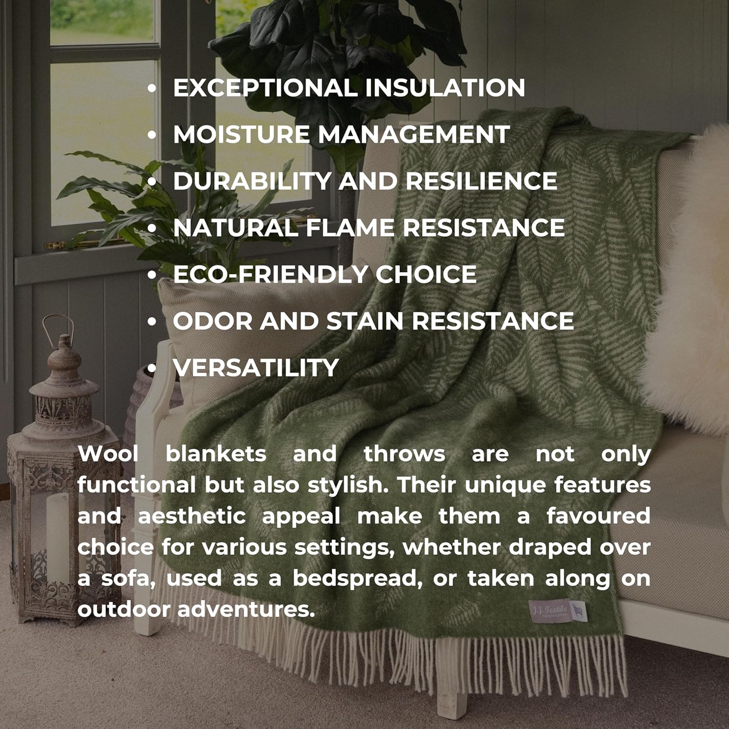 JJ Textile Leaves Soft Black Throw New Wool & Recycled Merino Sheep Wool- Soft & Cosy with a Reversible Design - Sustainable Throw for Bed, Sofa & Home Decor - Large Blanket 190cm x 130cm.