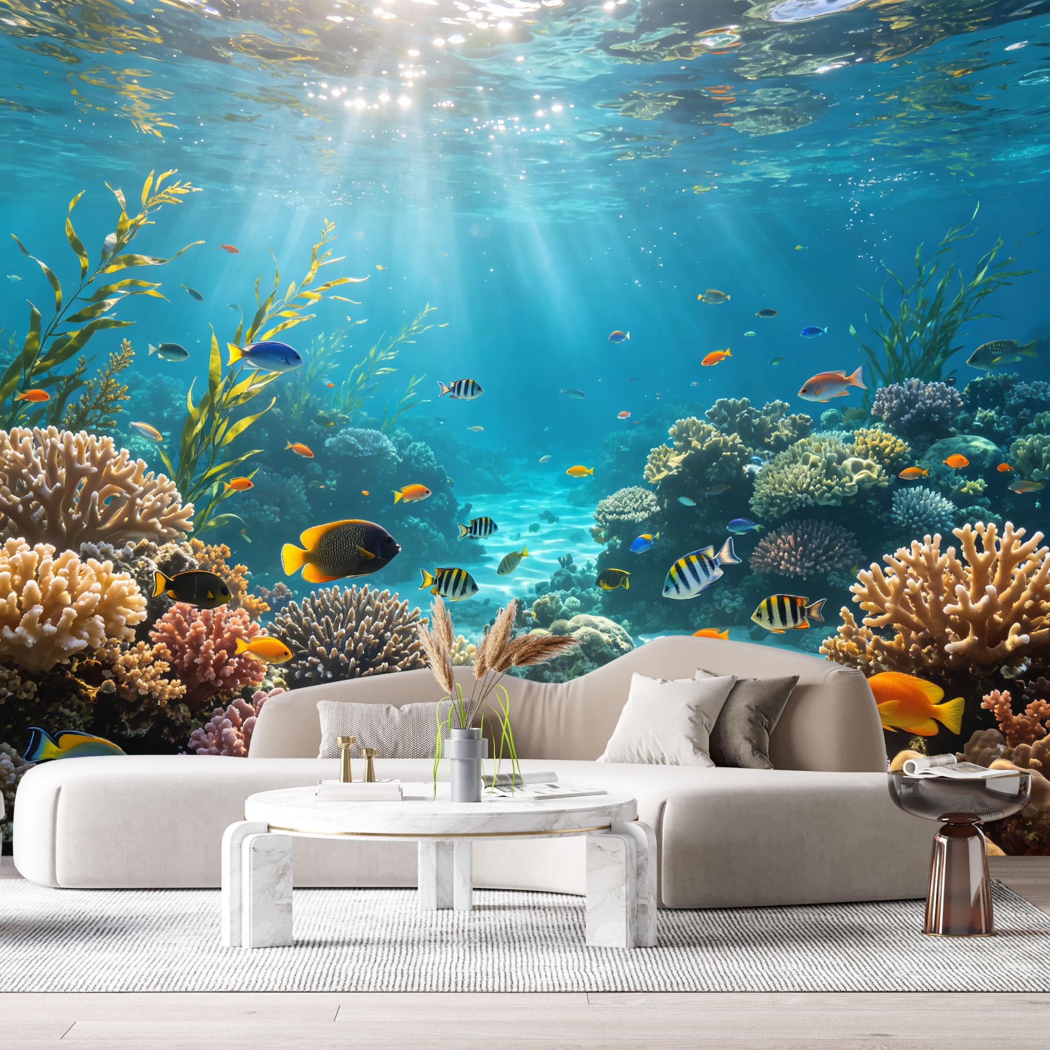 Custom Size Wall Murals Ocean Marine Tropical Coral Reef Underwater Fish SelfAdhesiveWall Fabric Removable Wallpaper Wall Decor for Living Room Bedroom Bathroom