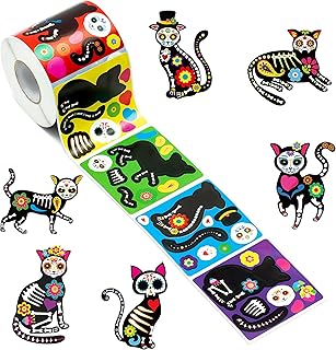 Haooryx 300pcs Day of The Dead Cat Skeleton Make A Face Sticker Roll Mexican Fiesta Skeleton Cat Make Your Own Sticker Decals Día de Muertos Sticker for Dia de Los Muertos Party Favor Supply