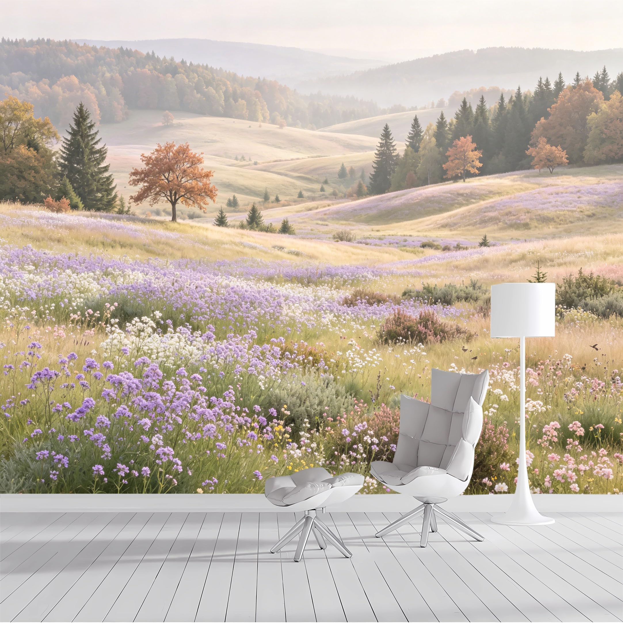 Custom Size Wall Mural Wildflower Meadow Hillside Landscape Autumn Forest Oil Painting SelfAdhesive Wall Fabric Removable Peel and Stick Wallpaper Wall Decor for Living Room Bedroom Bathroom