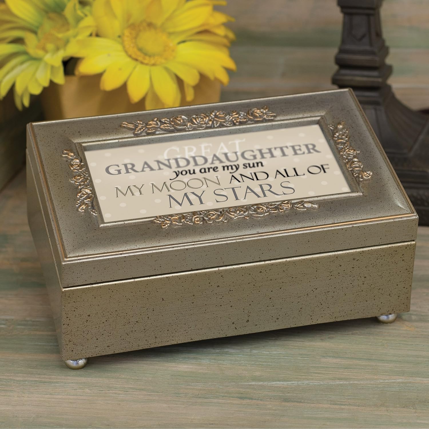 Cottage Garden Granddaughter My Sun Moon Silvertone Embossed Jewelry Music Box Plays You Light Up My Life