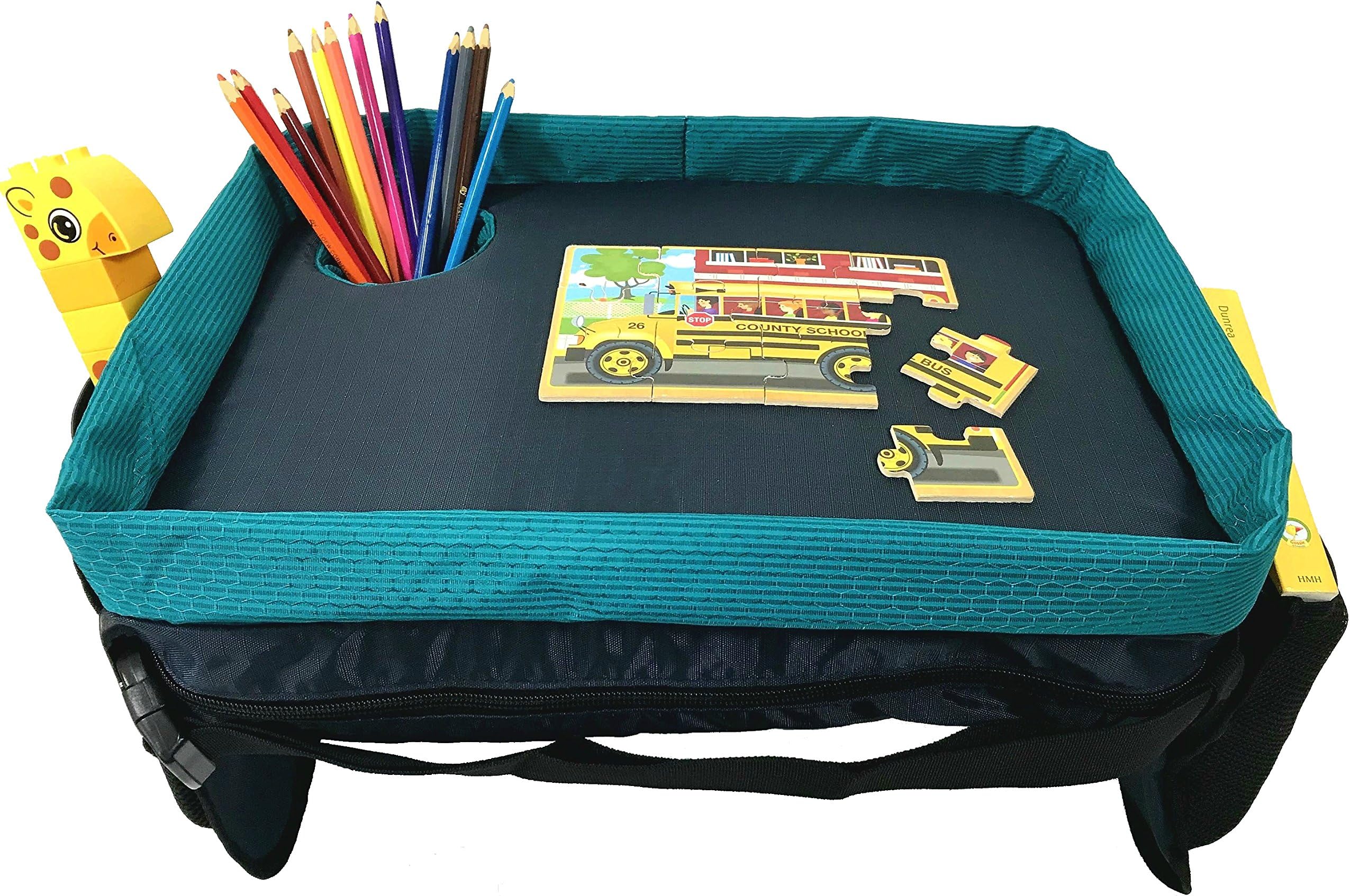 Car Seat Tray & Lap Desk for Kids & Toddlers - Reinforced Entertainment Surface & Best Cup Holder - Snack and Play Travel Tray - in Teal and Fuchsia by Dynamic Kidz