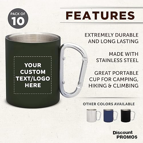 Miniatura 50 de Tazas personalizadas de acero inoxidable con asa de mosquetón, 10 onzas, juego de 10, paquete personalizado a granel, perfectas para café