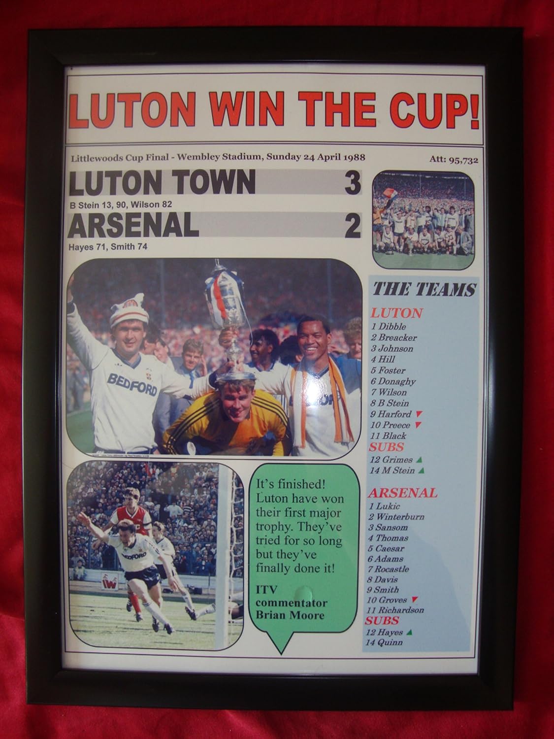 Lilywhite Multimedia Luton Town 3 Arsenal 2-1988 Littlewoods Cup final - framed print