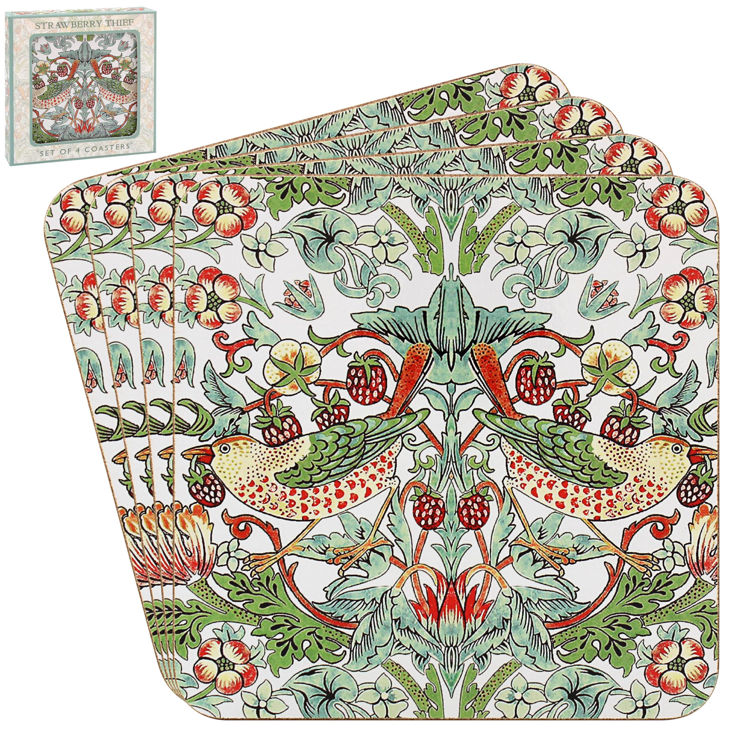 The Leonardo Collection William Morris Strawberry Thief Coasters Set of 4 For Office Home & Kitchen | Lovely Coaster Set For Decorative Home Accessories Drinks Coasters For Tea & Coffee