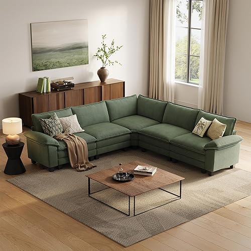 LINSY HOME Modular Sectional Sofa Couch Corduroy Cloud Couches for Living Room, V-Shaped Cloud Couch Sectional Sofas for Bedroom and Apartment, Green