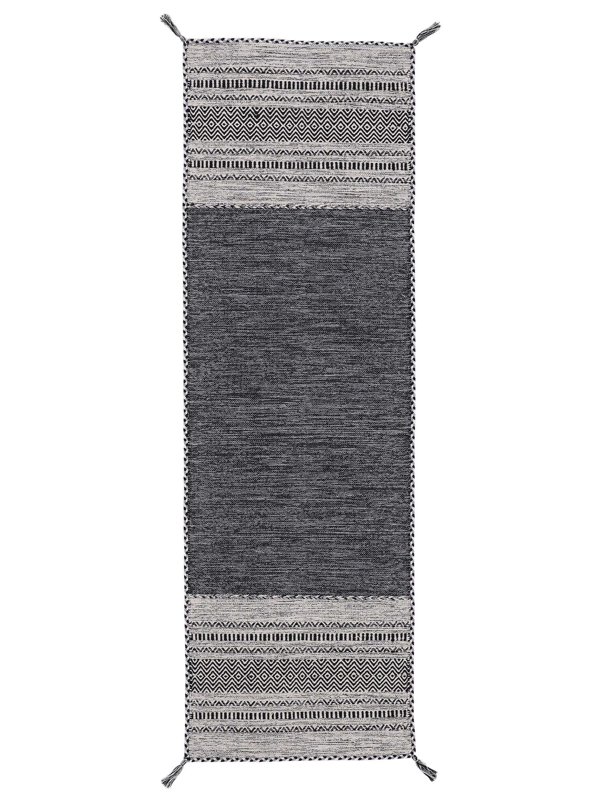 carpetfine Flachgewebeteppich Kelim Azizi Läufer Schwarz 80x350 cm | Moderner Teppich für Wohn- und Schlafzimmer