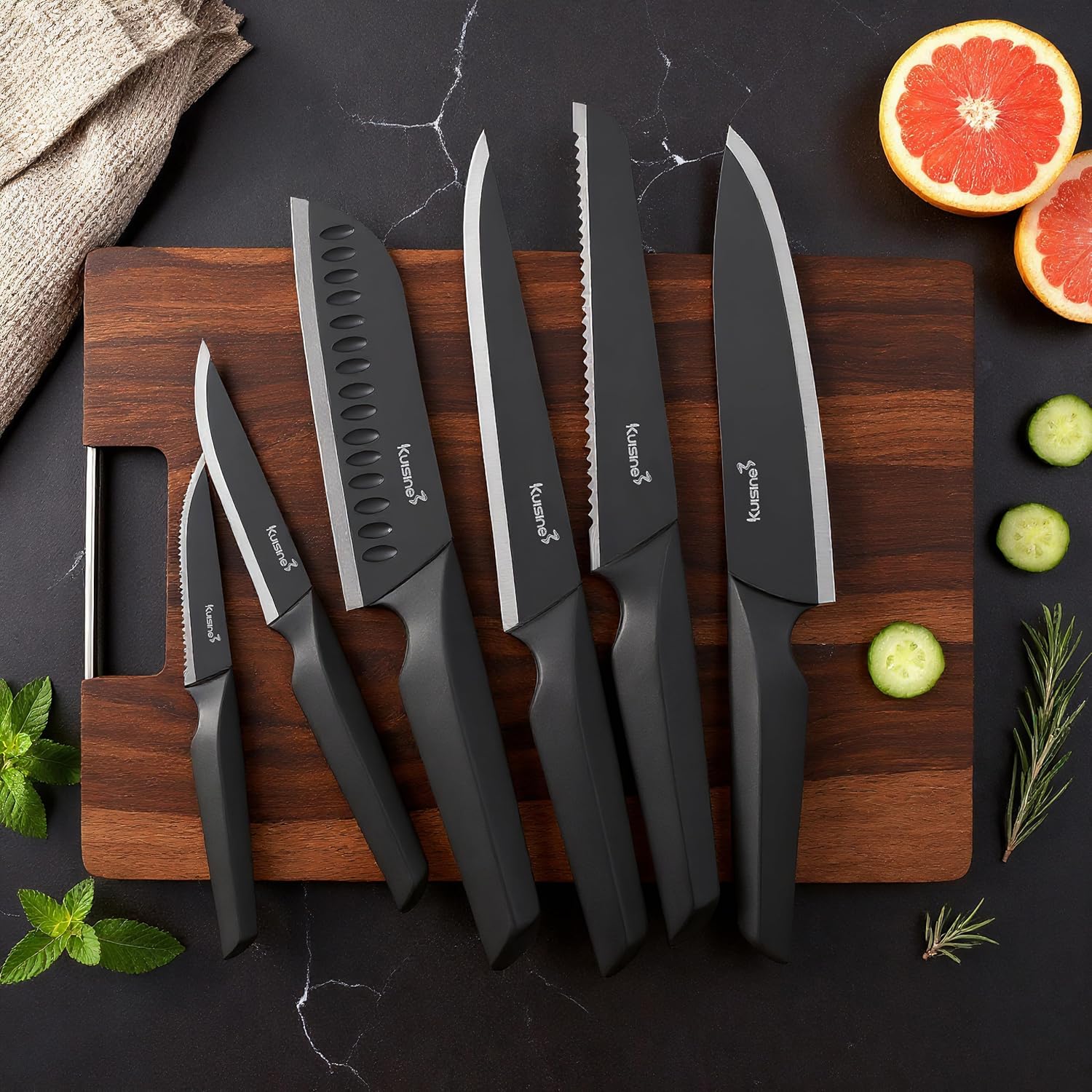 KUISINE Upgraded Chef Knife Set One Piece Molding High Carbon Stainless Steel,Super Sharp Blade Ergonomic Steel Handle,Knife Block Set with Built-in Sharpener(EX Black Pro,15PCS) - Image 6