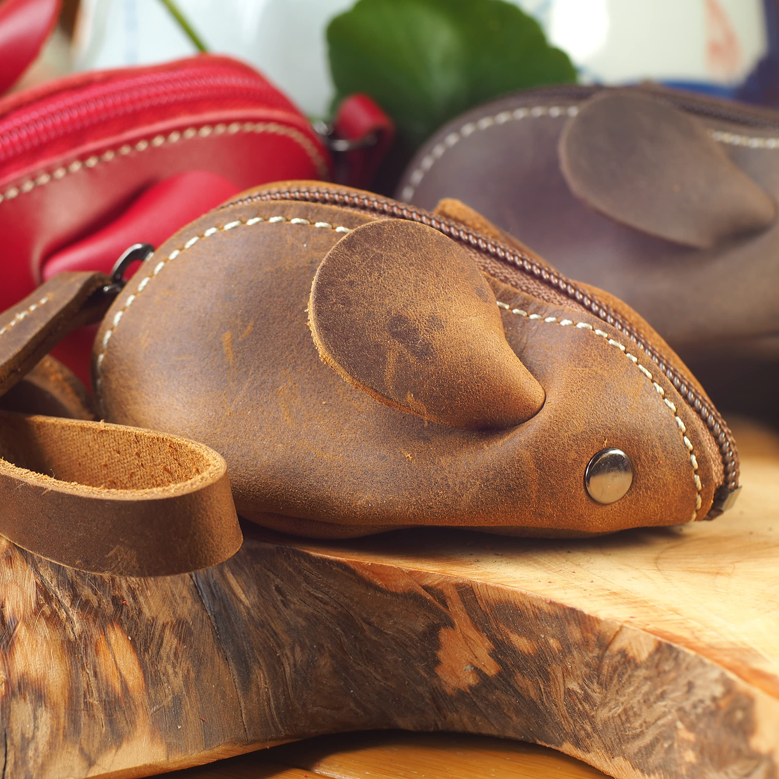 Kleingeldbörse Maus Shape aus Leder - Schlüsseltasche Münzbörse Münzbeutel Coin Purse klein Geldbörse Geldbeutel Kleingeldportemonnaie (Hellbraun)